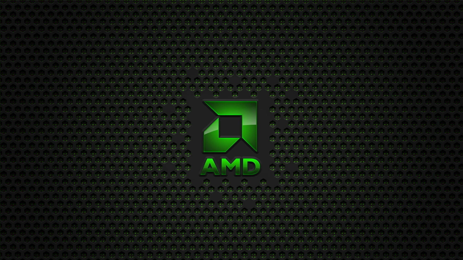 深色穿孔金屬背景上的發光綠色AMD標誌。 — Amd 壁紙