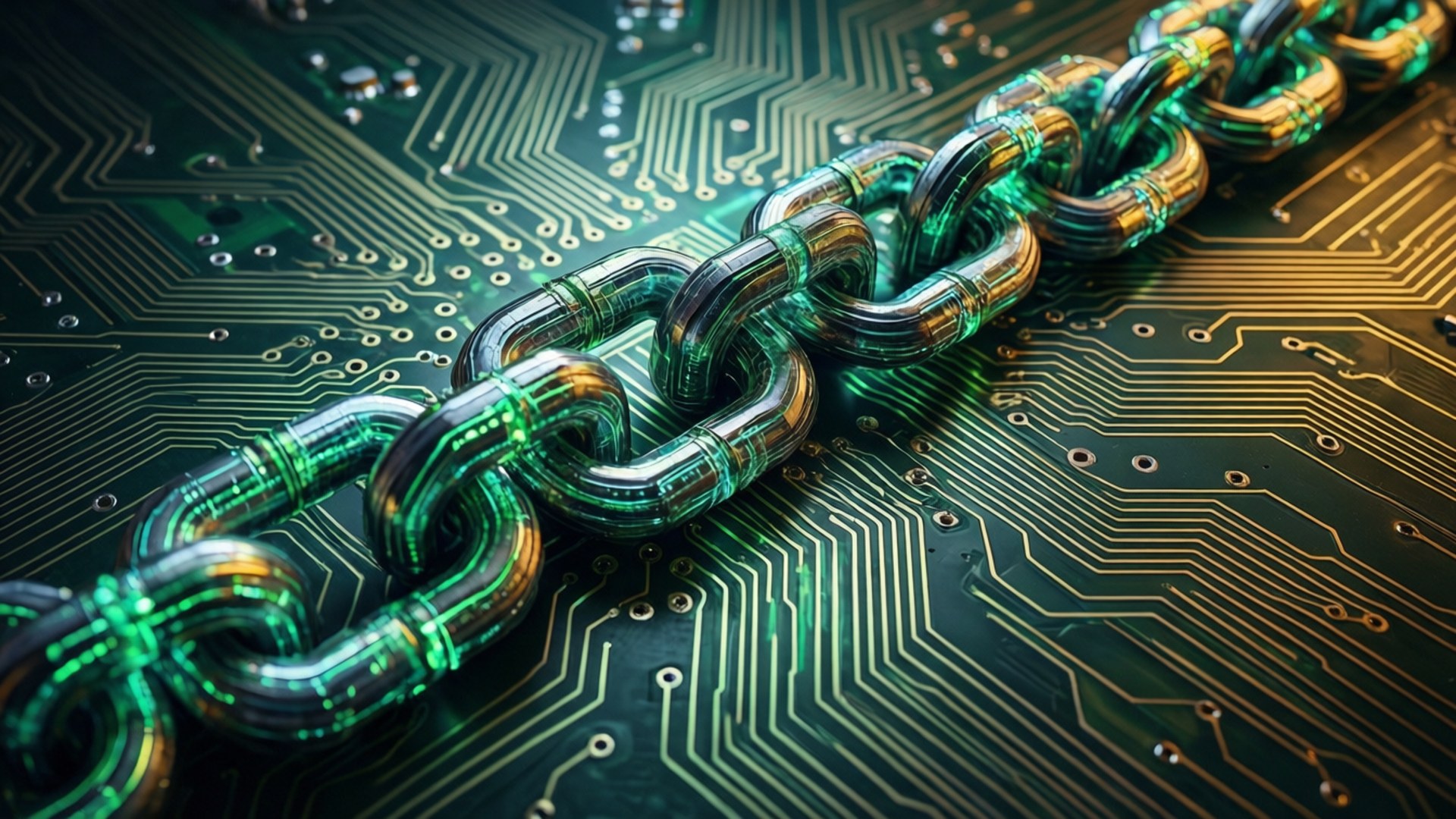 Circuit Board Blockchain 壁紙 — 一條發光的綠色金屬鏈條斜放在一個帶有金色走線的詳細綠色電路板上。