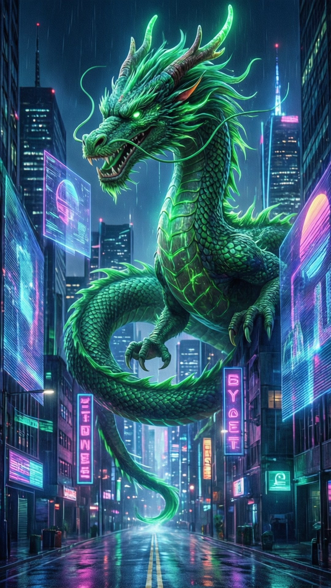 Cyberpunk City Dragon 壁紙 — 一隻發光的綠色龍，擁有鋒利的牙齒和發光的眼睛，主宰著一條潮濕的霓虹燈光 cyberpunk 城市街道。