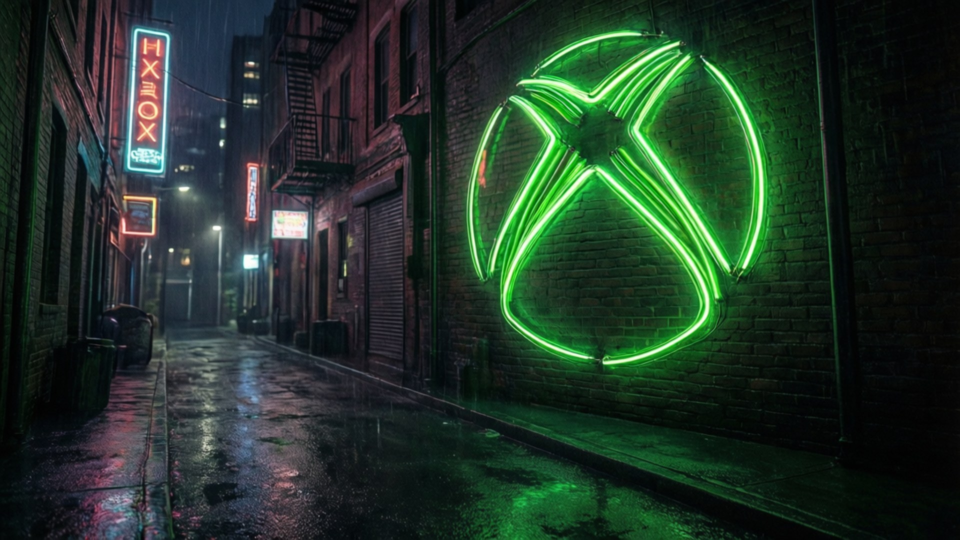 Neon Xbox Logo Alley 壁紙 — 一個發光的綠色Xbox標誌霓虹燈牌在夜間照亮濕漉漉的磚砌小巷，並在雨水濕滑的路面上反射。