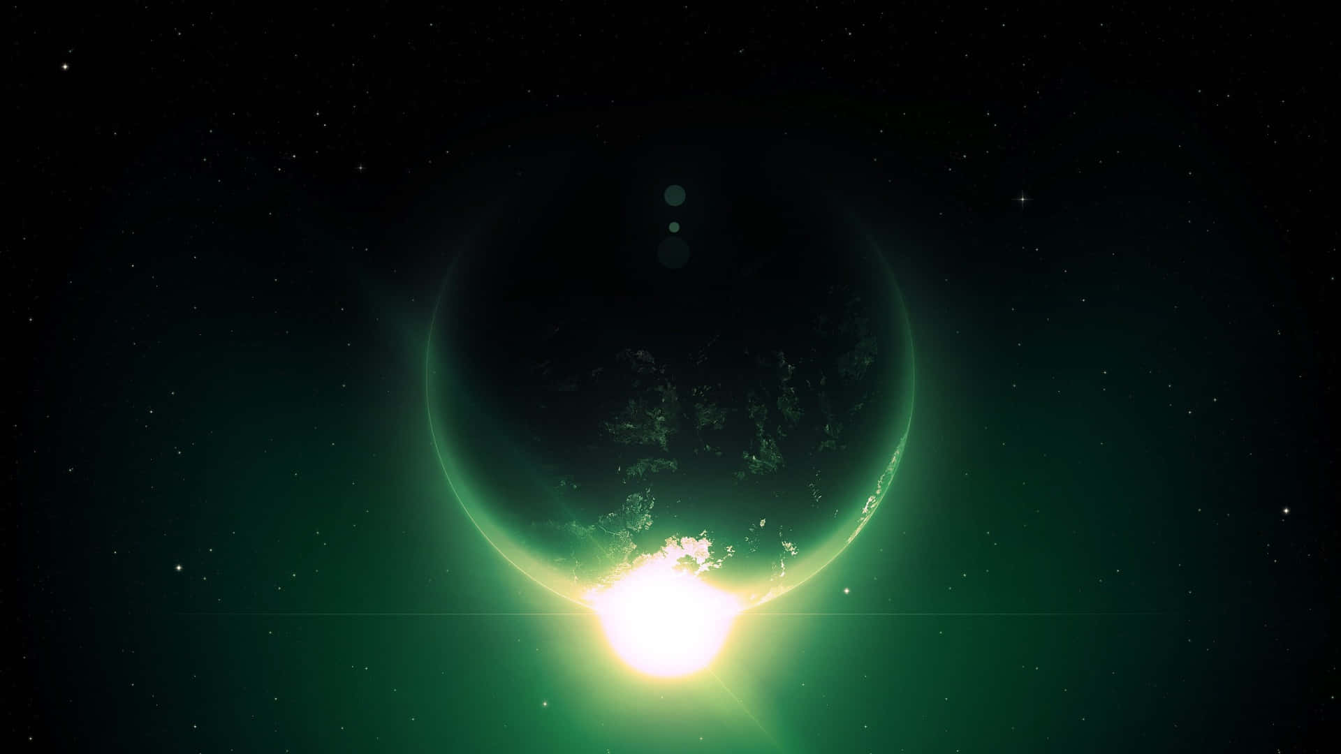  壁紙 — 一顆發光的綠色行星，明亮的太陽在其彎曲的地平線上升起，背景是繁星點點的黑色天空。