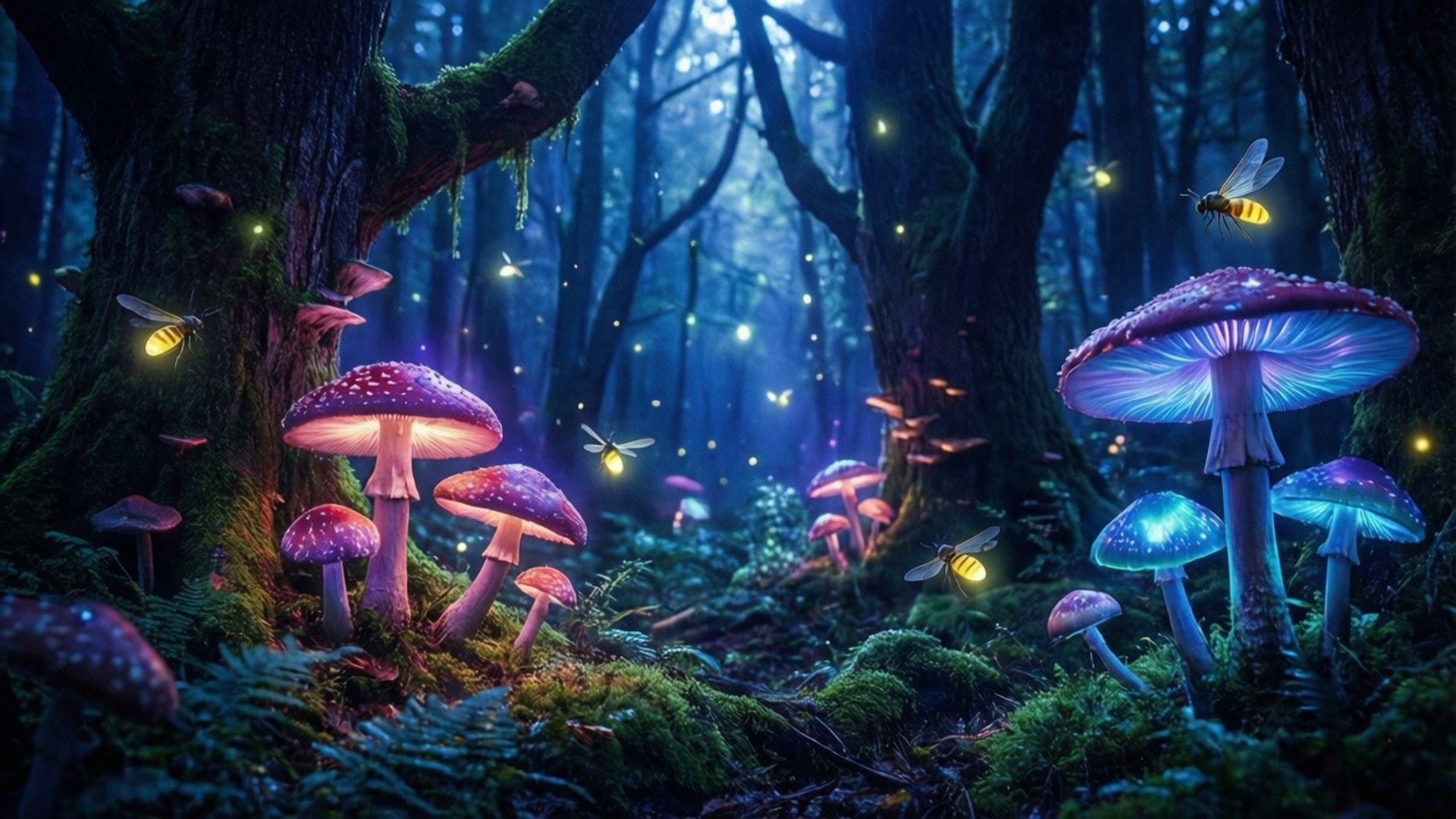 Glowing Woods 壁紙 — 發光蘑菇和螢火蟲照亮了古老長滿苔蘚的樹木下的神秘森林地面。