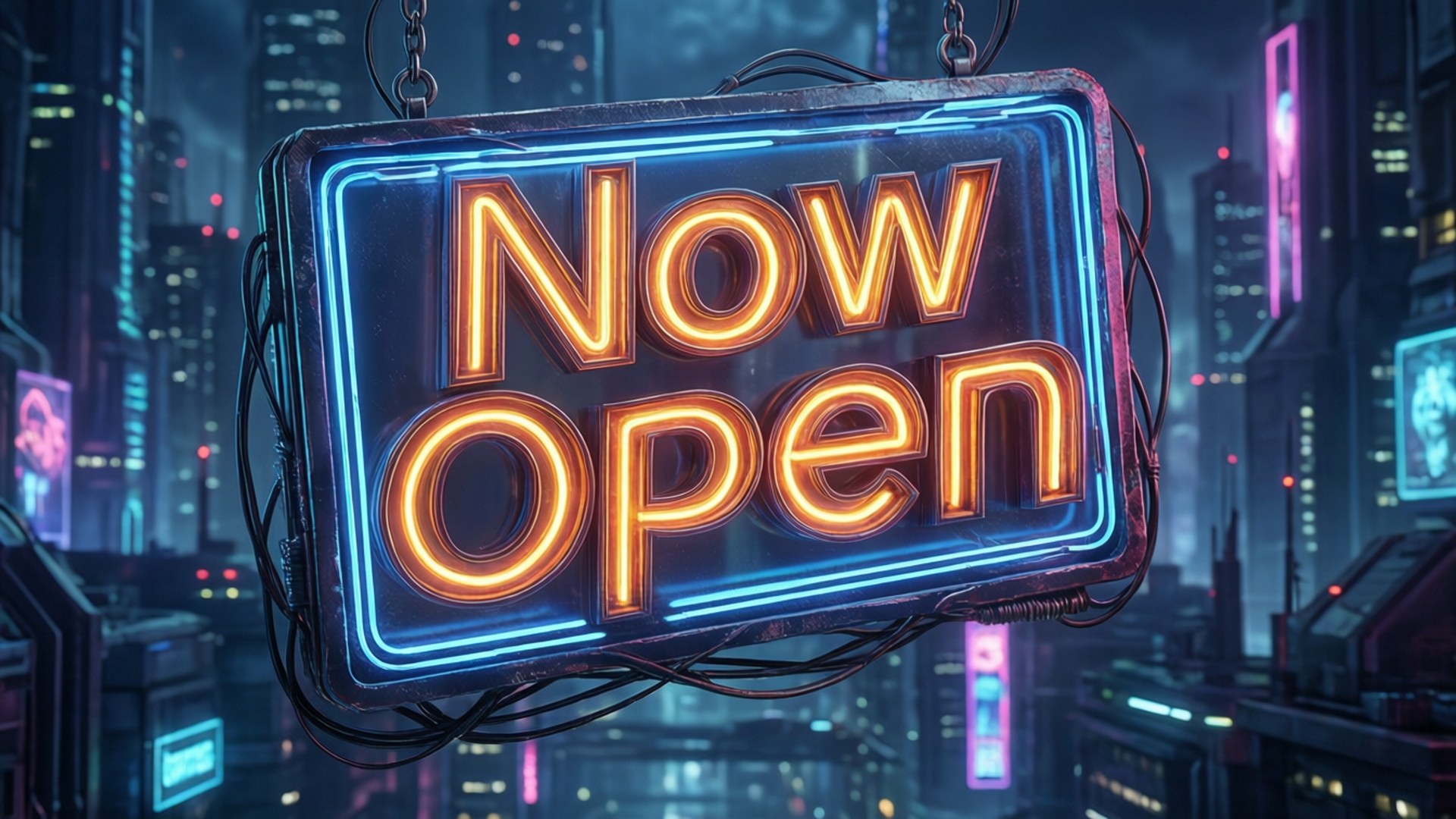 桌布 壁紙 — 一個發光的霓虹燈牌寫著「Now Open」，懸掛在夜晚的賽博龐克城市天際線上，有高聳的摩天大樓和充滿活力的數位廣告牌。