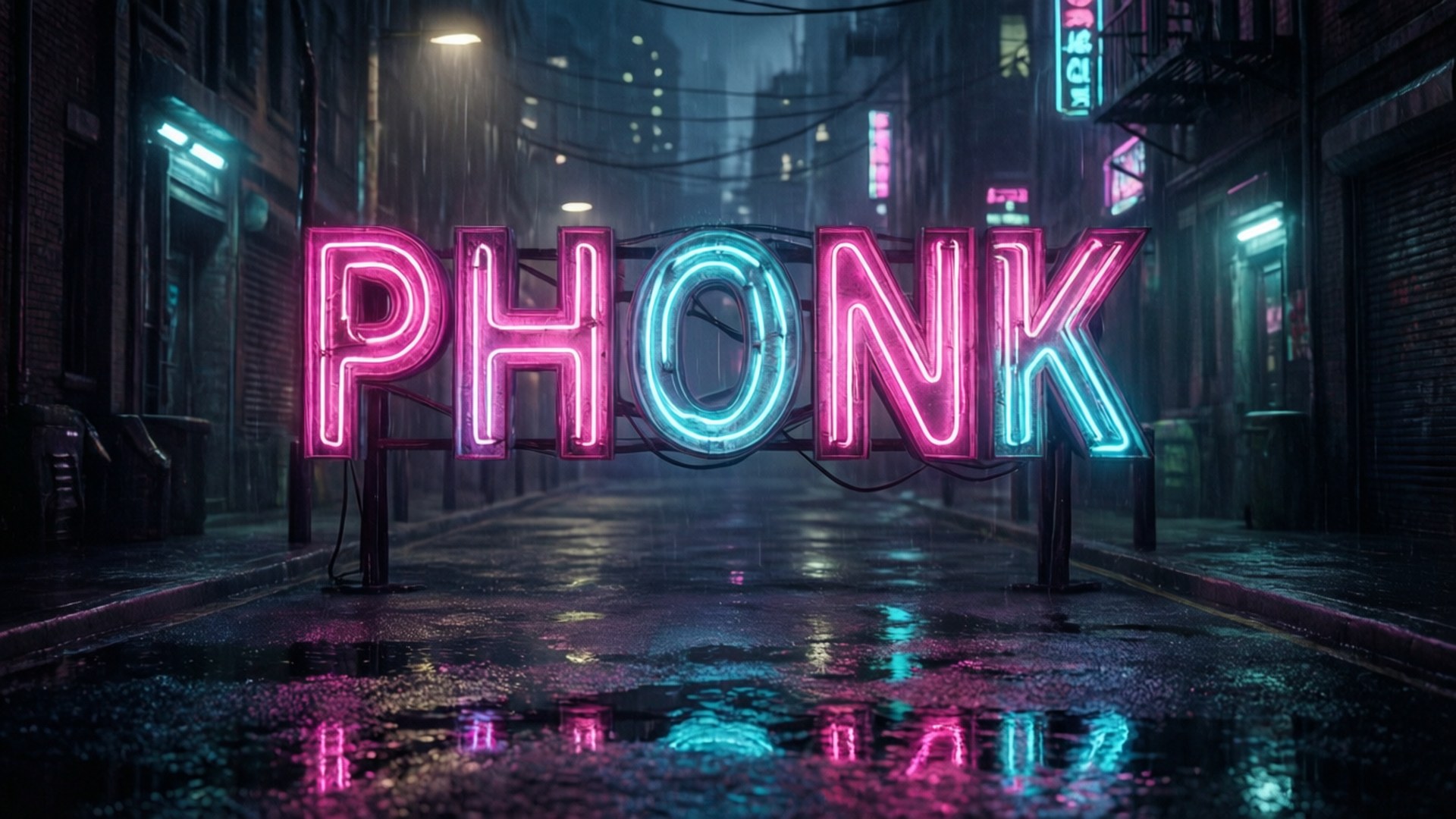Phonk 桌布 壁紙 — 一個發光的霓虹燈牌拼出PHONK，在夜間主導了一條被雨水浸濕的城市小巷，在潮濕的路面上投射出充滿活力的粉紅色和青色倒影。