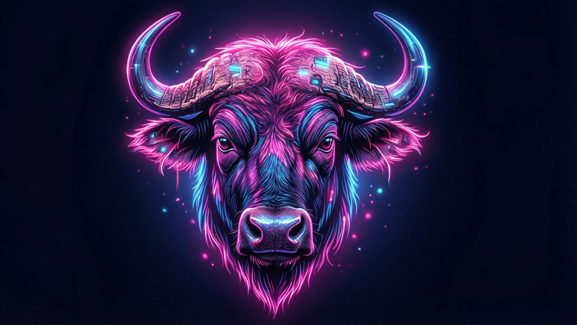 Neon Buffalo Punk 壁紙 — 一個發光的霓虹水牛頭，帶有電光粉紅和藍色的角及毛髮，背景是黑暗的宇宙。