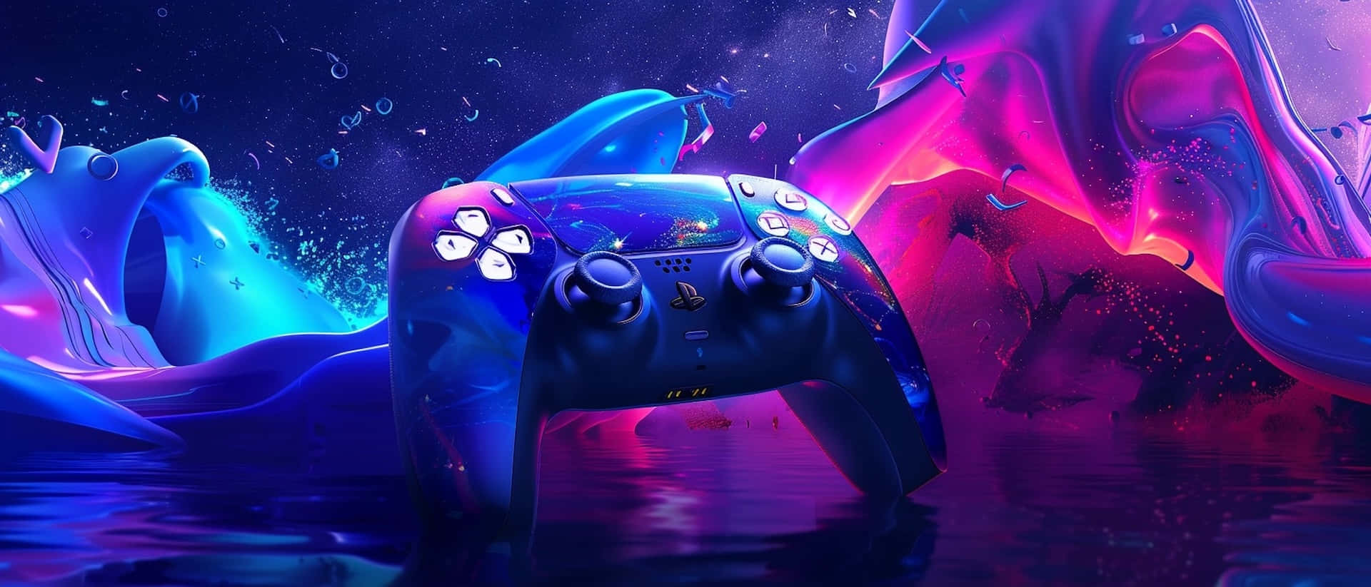 在宇宙天空下，發光霓虹液體中的遊戲控制器 — Ps4 壁紙
