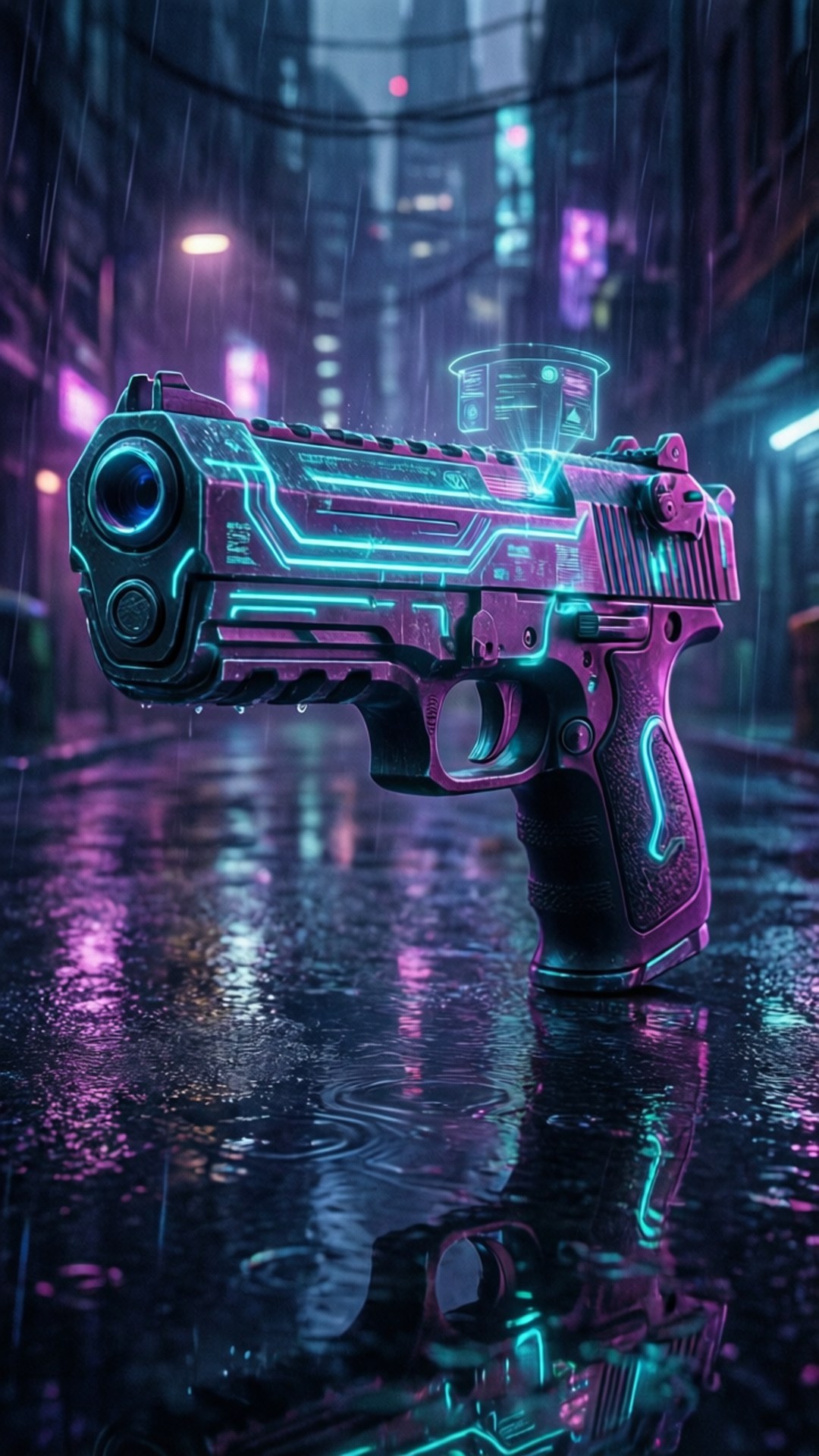 Neon Cyberpunk Pistol 壁紙 — 一把發光的賽博龐克手槍，帶有霓虹藍和粉紅色電路，站在雨水浸濕的小巷中，反射著霓虹燈光。