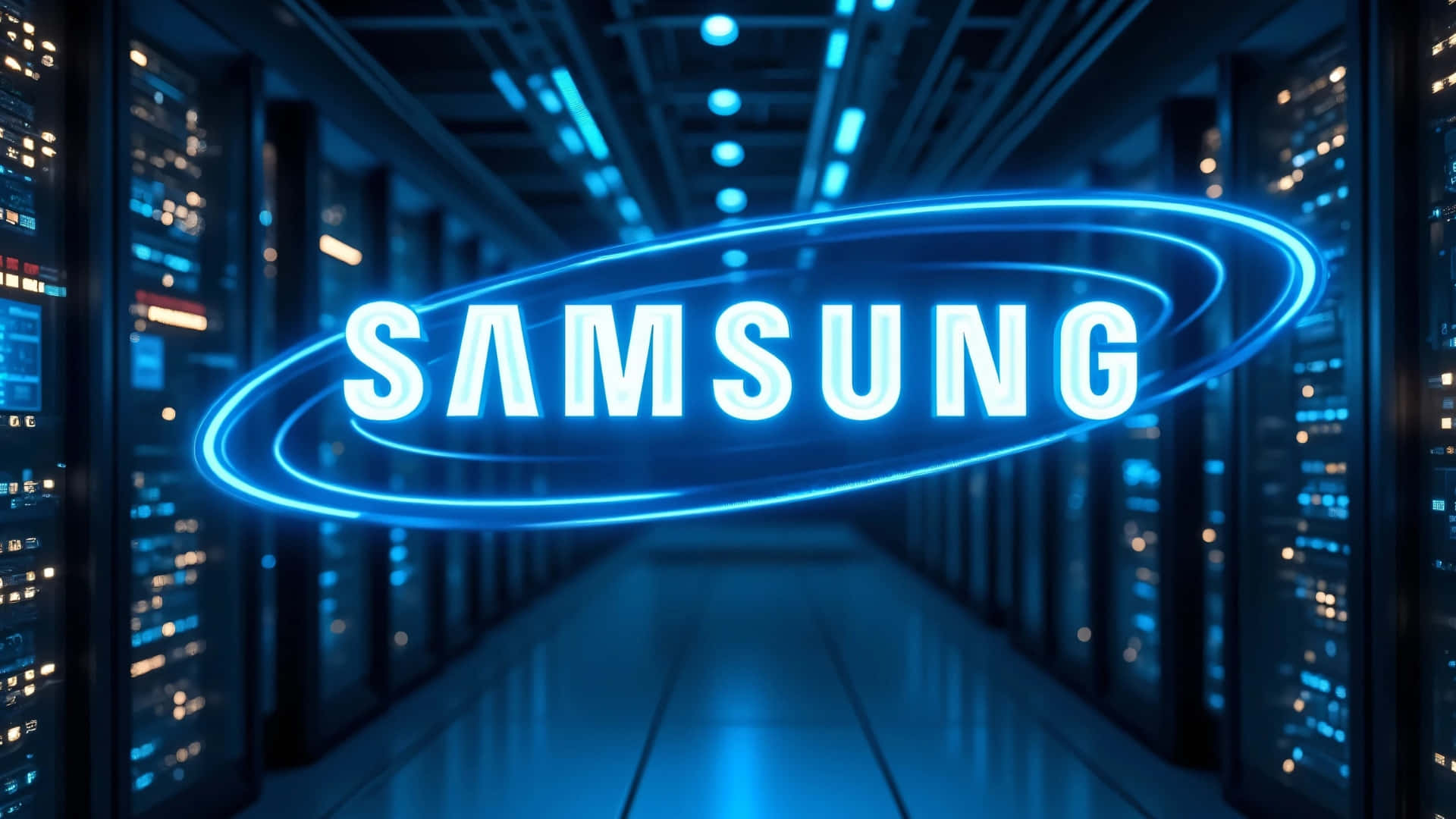  壁紙 — 一個發光的Samsung標誌漂浮在充滿藍色霓虹燈和科技設備的未來感伺服器房中。