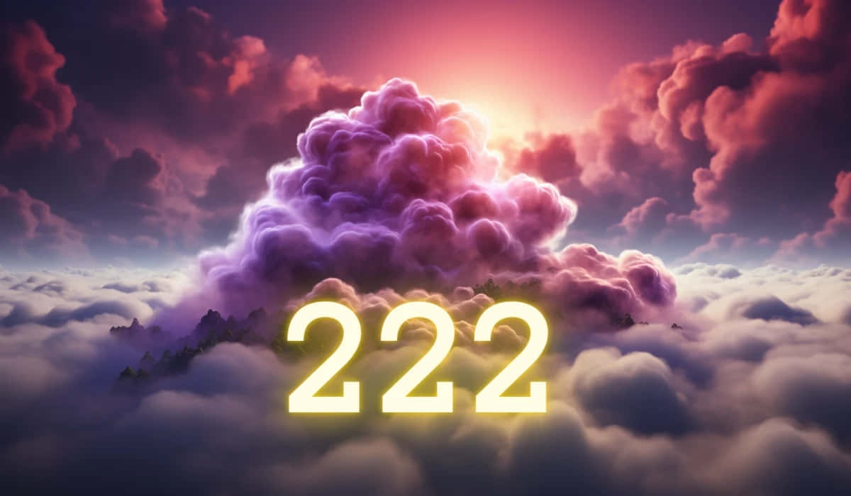  壁紙 — 一個發光的數字222漂浮在雲海之上，下方是絢麗的粉紅色和紫色天空。