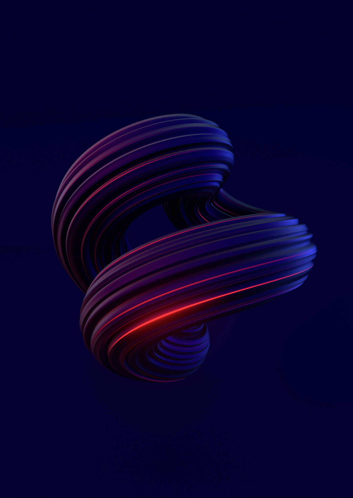 一條發光的藍色和紅色抽象絲帶在黑暗空間中螺旋。 — 3D 壁紙