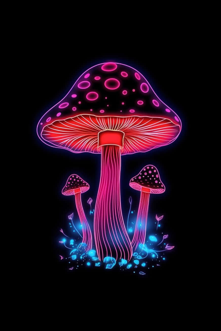  壁紙 — 發光的螢光粉紅蘑菇帶有電光藍色火花，在漆黑的背景下閃耀。