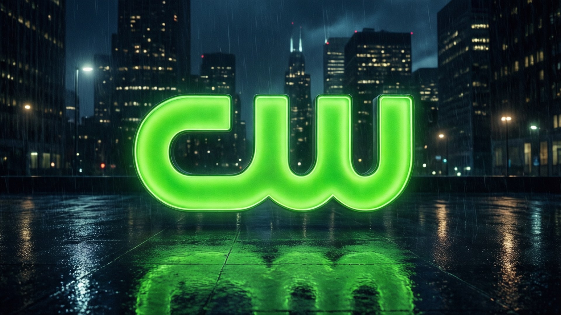 The CW Network 桌布 壁紙 — 一個發光的綠色CW標誌矗立在夜晚雨濕的城市街道上，摩天大樓和路燈倒映在水坑中。