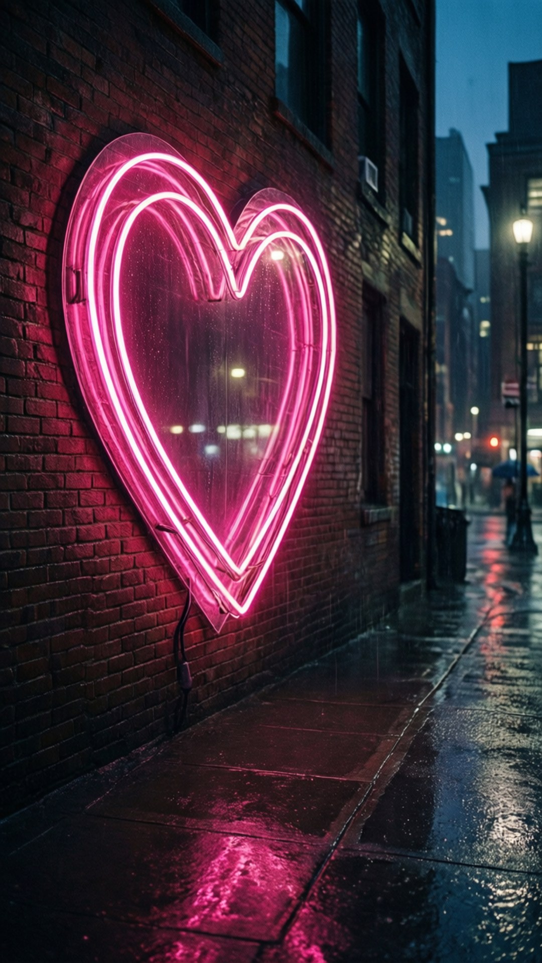 Neon Heart Rain 壁紙 — 一個發光的粉紅色霓虹心形標誌照亮了雨夜城市街道上濕漉漉的磚牆。