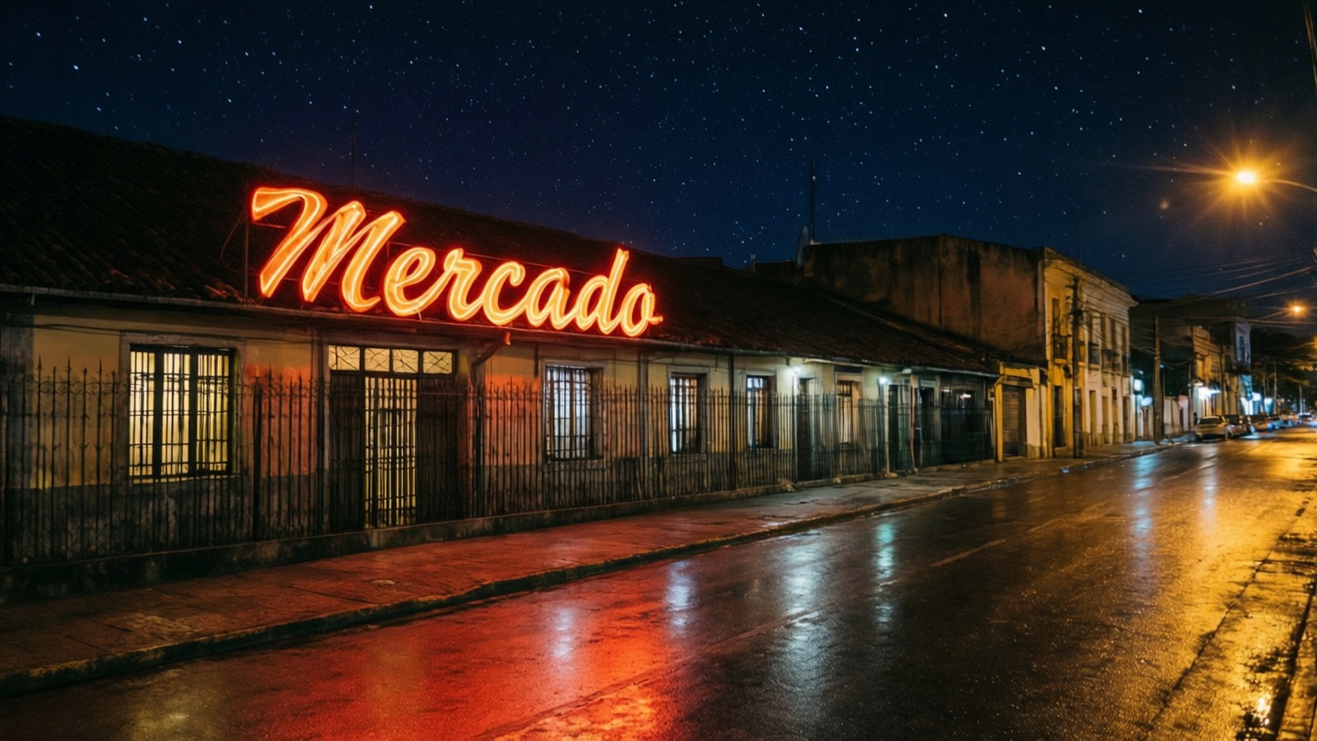 Mercado at Night 壁紙 — 一個發光的紅色霓虹燈牌寫著Mercado，照亮了星空下濕漉漉的街道。