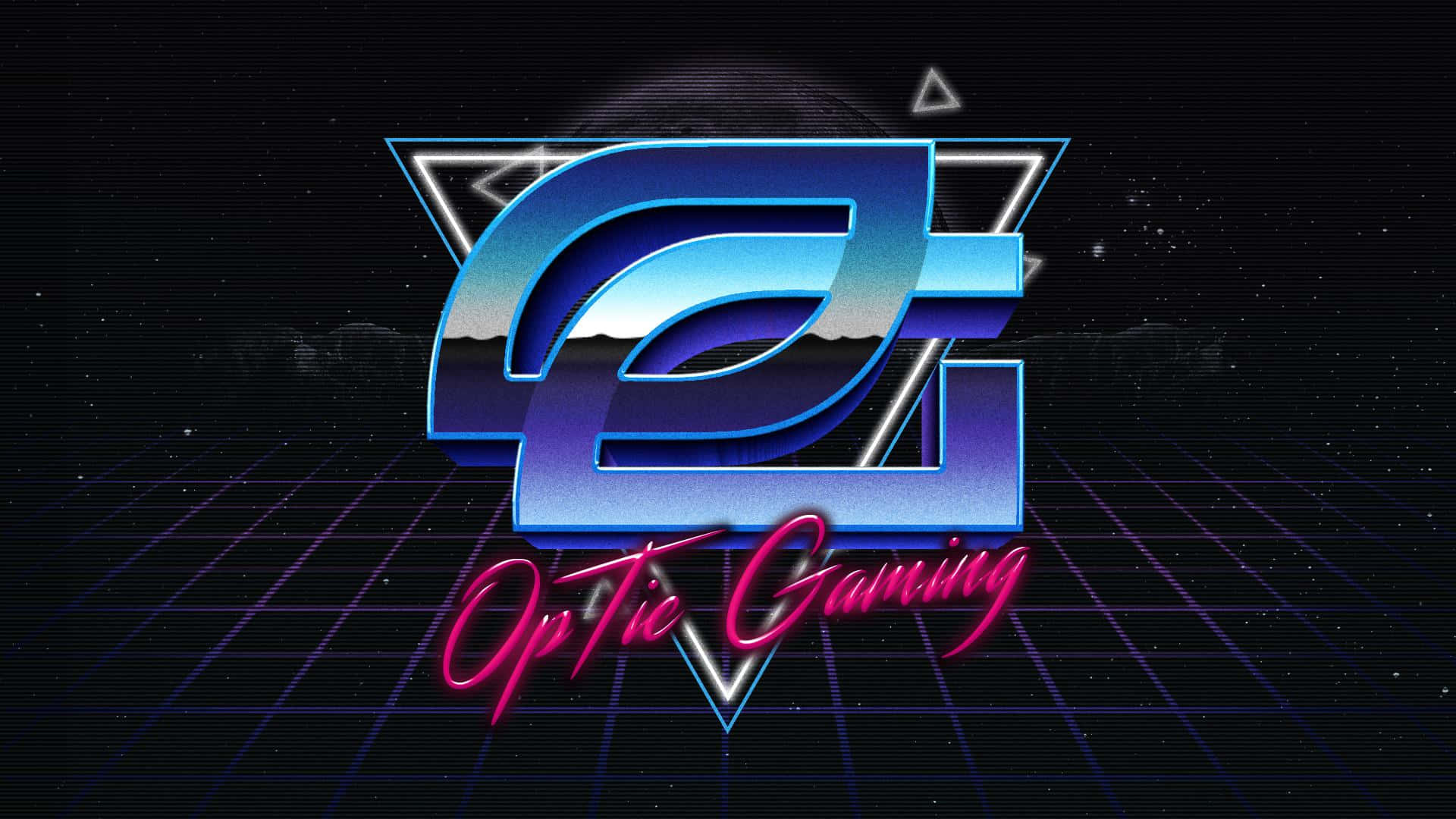 Optic Gaming 桌布 壁紙 — 發光的藍色和粉紅色 'OG' 標誌，帶有 'Optic Gaming' 文字，設置在星形網格背景上，呈現復古未來主義風格。