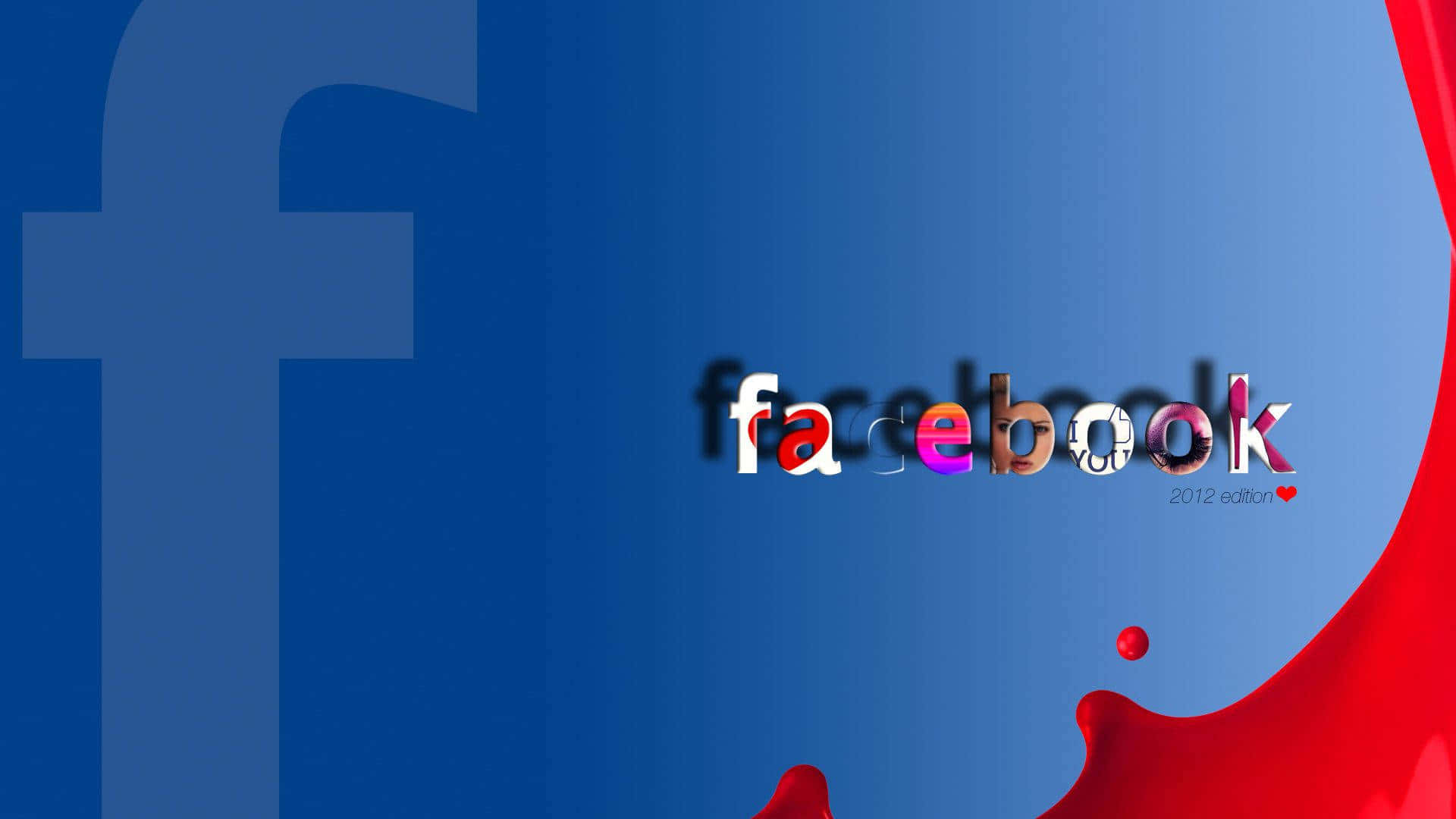 Facebook 桌布 壁紙 — Facebook 標誌，帶有色彩繽紛的碎片字母，藍色背景上帶有紅色油漆飛濺。