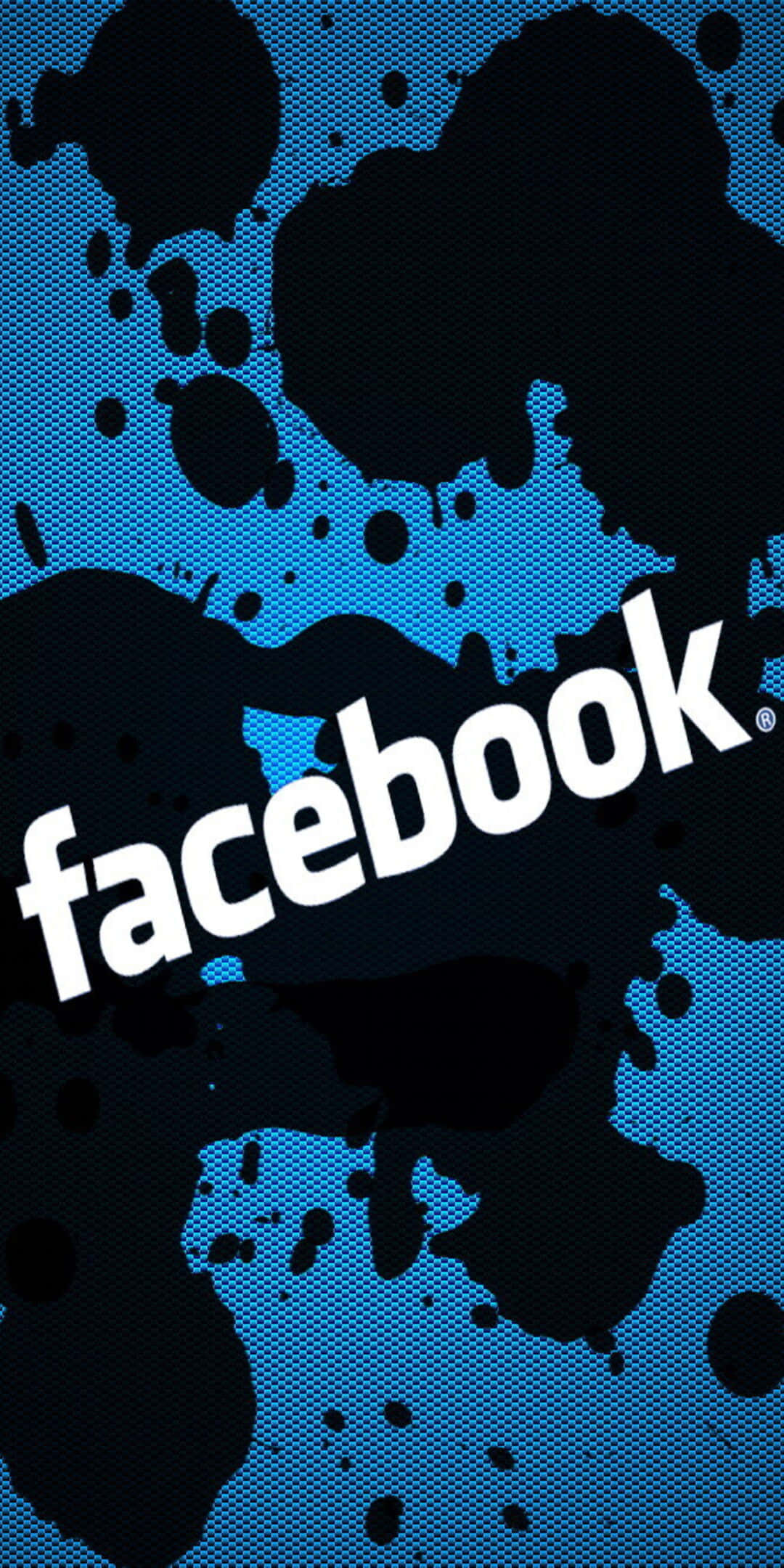 Facebook 桌布 壁紙 — Facebook 標誌以白色文字顯示在帶有黑色墨水飛濺的藍色紋理背景上。