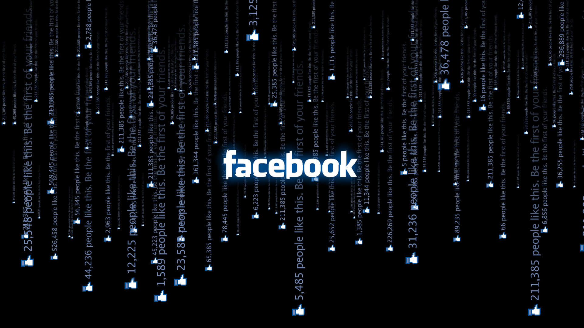 Social Media Icons 桌布 壁紙 — Facebook 標誌在黑色背景上發出白色光芒，並有層疊的數位通知顯示讚好和用戶數量。