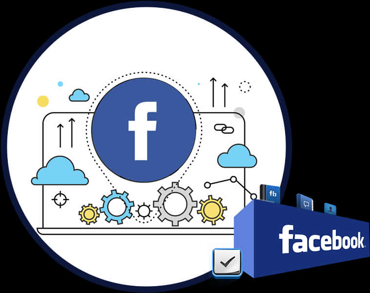 Logo Facebook 桌布 壁紙 — Facebook 標誌的風格化數位插圖，周圍環繞著齒輪、雲朵和向上的箭頭，象徵社交媒體的成長和連結。