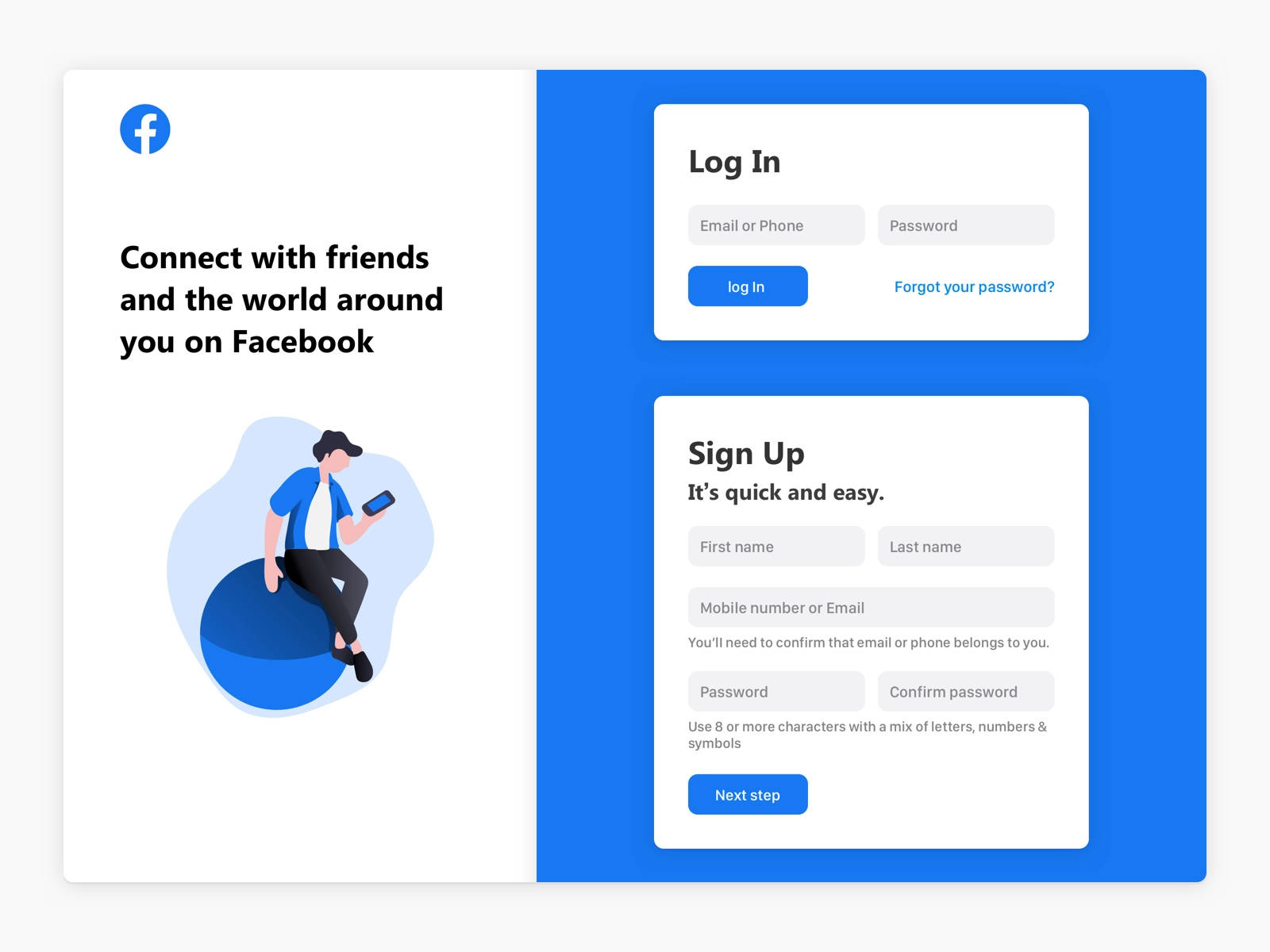 Facebook Login 桌布 壁紙 — Facebook 登入和註冊介面的清晰數位插圖，帶有風格化的人物使用手機。