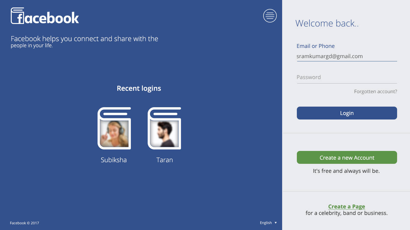 Facebook Login 桌布 壁紙 — Facebook 登入畫面，顯示最近登入及建立帳戶選項，背景為藍色。