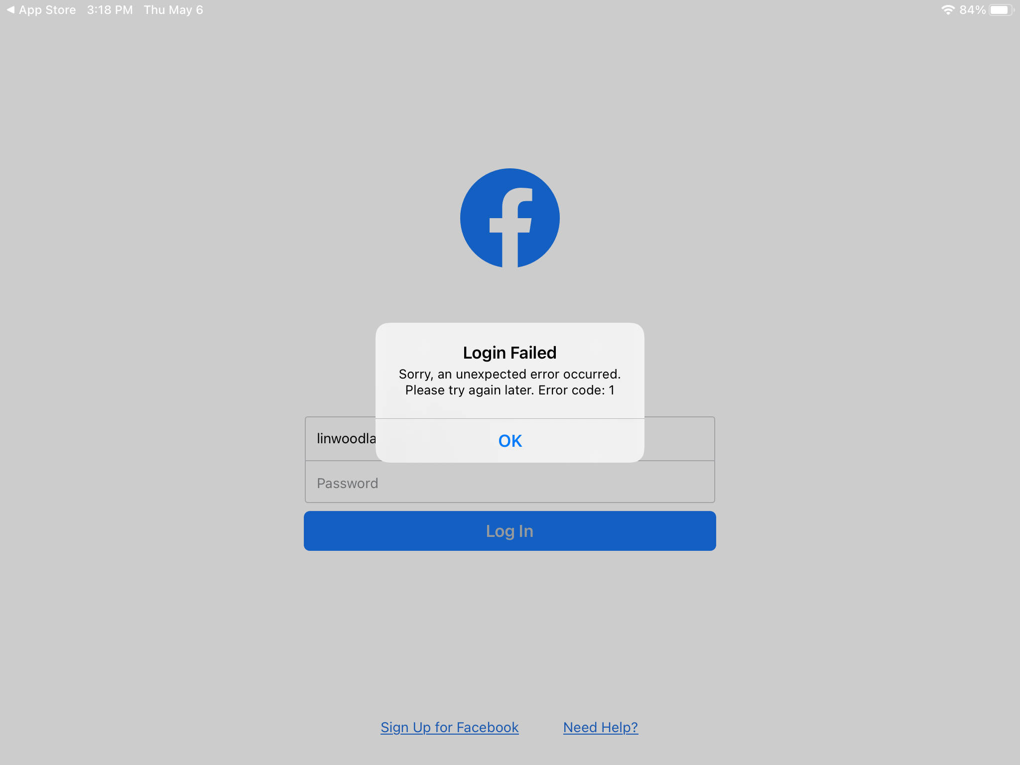 Facebook Login 桌布 壁紙 — Facebook 登入畫面顯示「登入失敗」錯誤訊息，背景為灰色，帶有藍色標誌和輸入欄位。