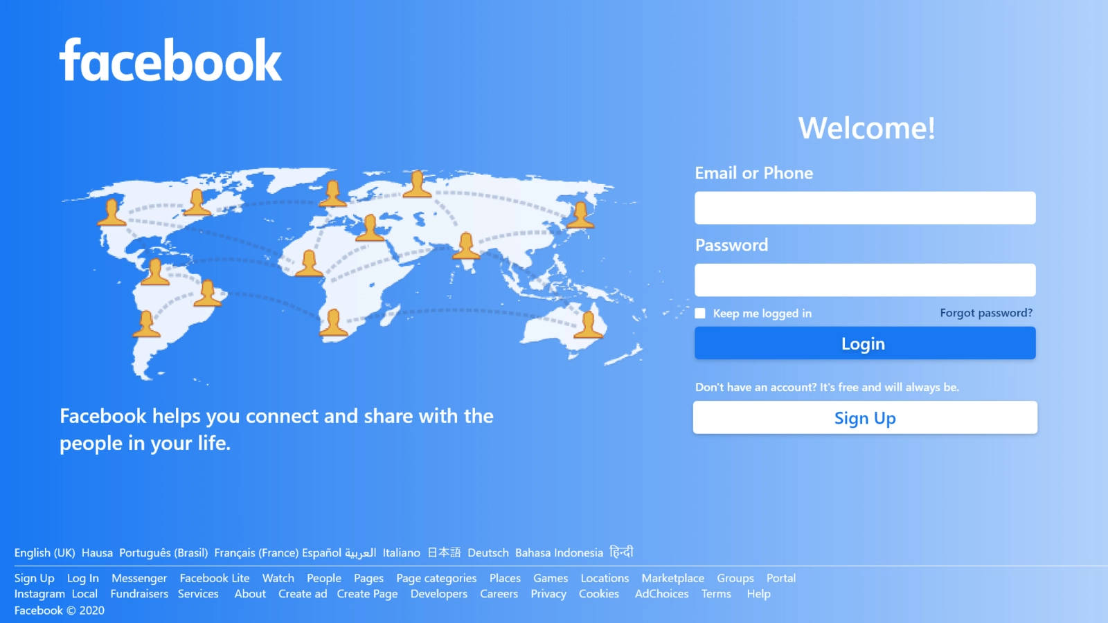 Facebook Login 桌布 壁紙 — Facebook 登入頁面，帶有世界地圖圖形，在藍色漸變背景上顯示全球用戶連接。