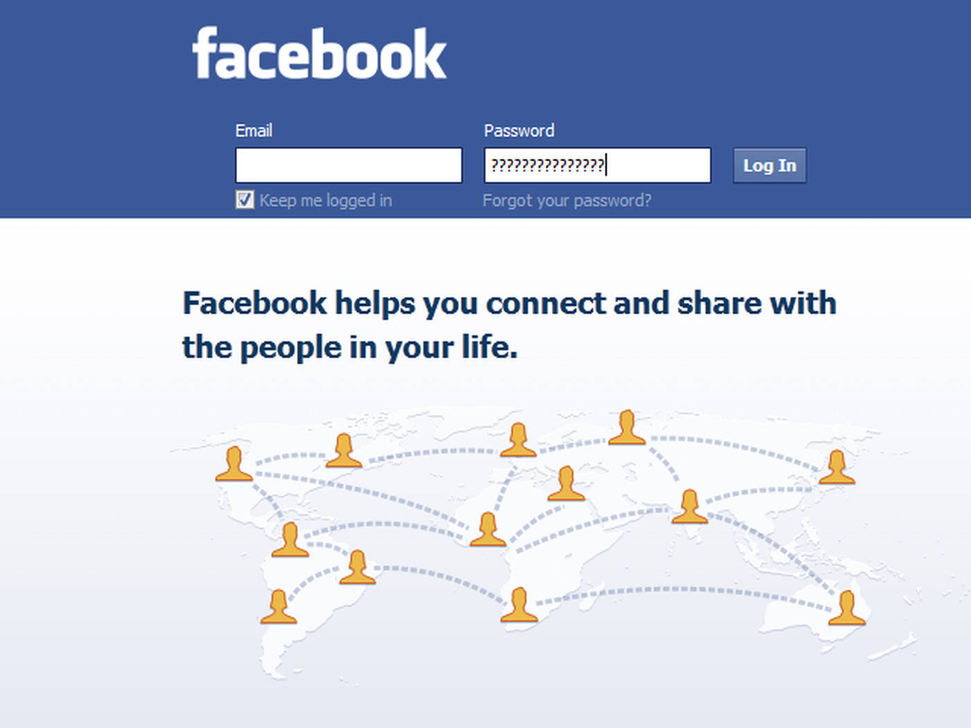 Facebook Login 桌布 壁紙 — Facebook 登入頁面，顯示電子郵件和密碼欄位，以及一個世界地圖，上面有橙色用戶圖示以虛線連接。