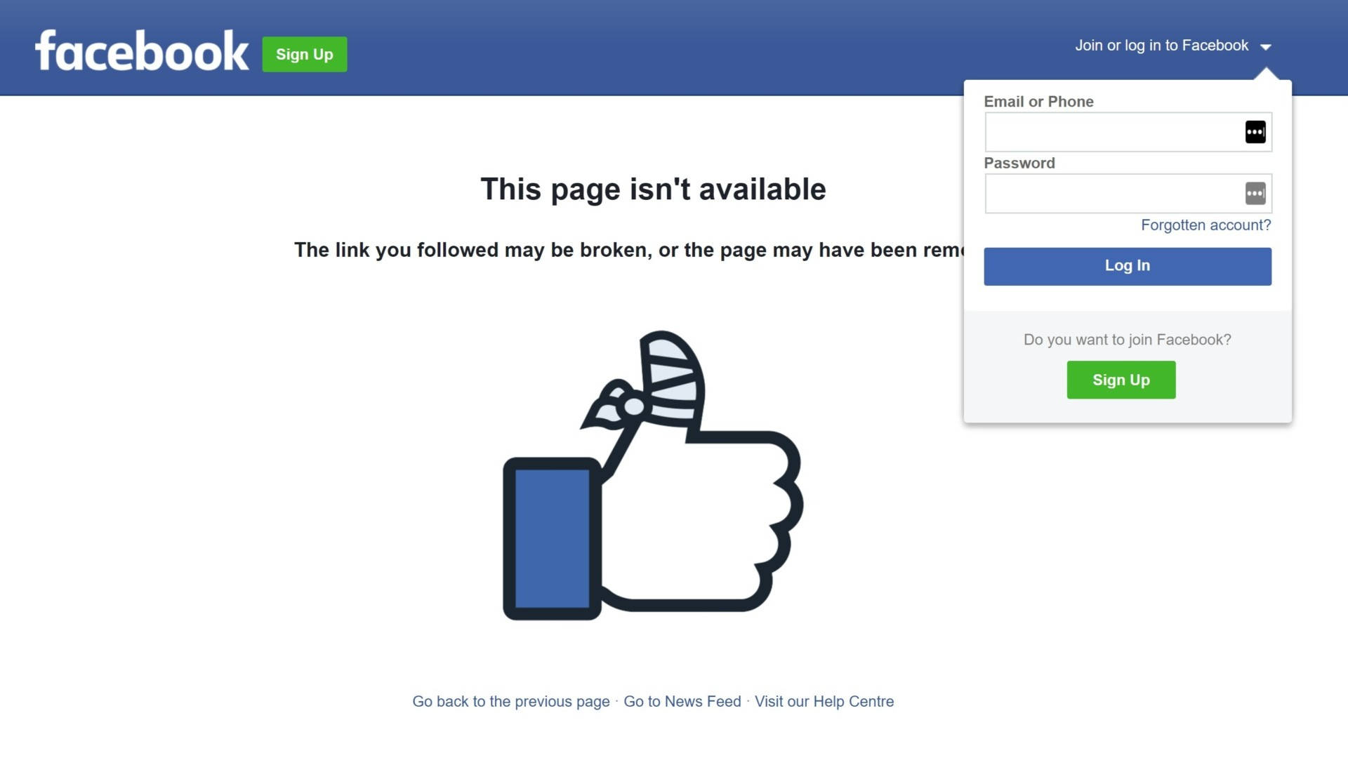 Facebook Login 桌布 壁紙 — Facebook 錯誤頁面，顯示連結失效訊息，附有登入和註冊選項以及豎起拇指圖示。