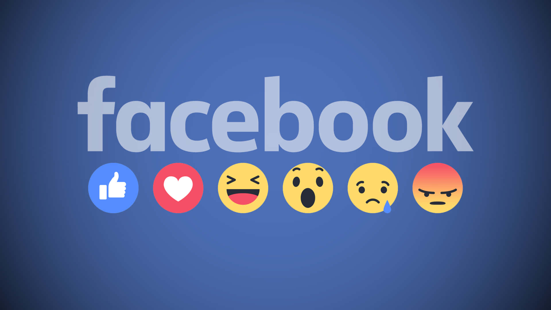 Facebook 桌布 壁紙 — Facebook標誌，六個反應表情符號在純藍色背景上。