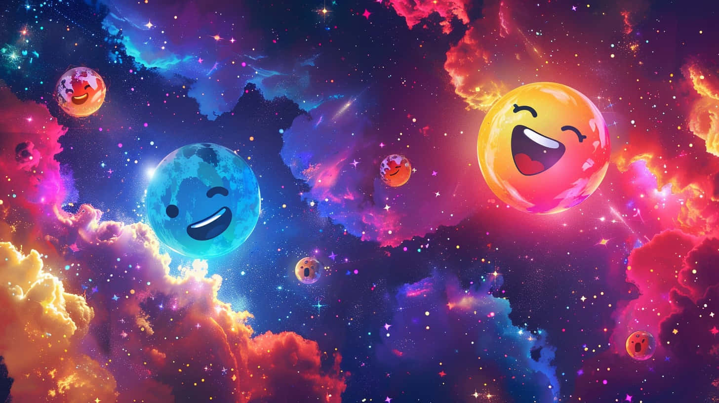  壁紙 — 快樂的表情符號行星漂浮在充滿活力的宇宙雲層和閃爍的星星之間，構成超現實的太空場景。