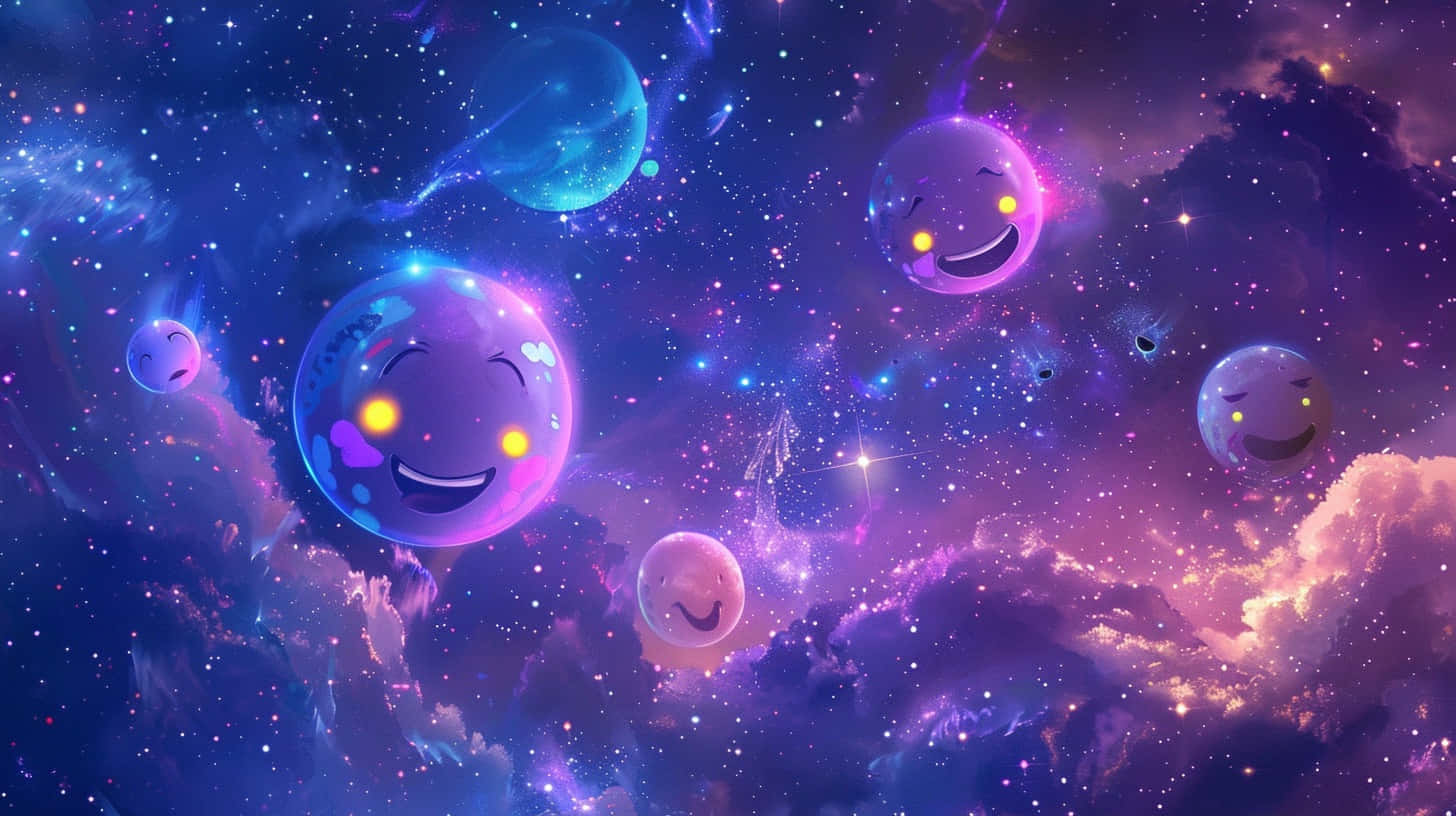  壁紙 — 快樂微笑的表情符號行星漂浮在充滿活力的紫色和藍色宇宙雲和閃爍星星之間。