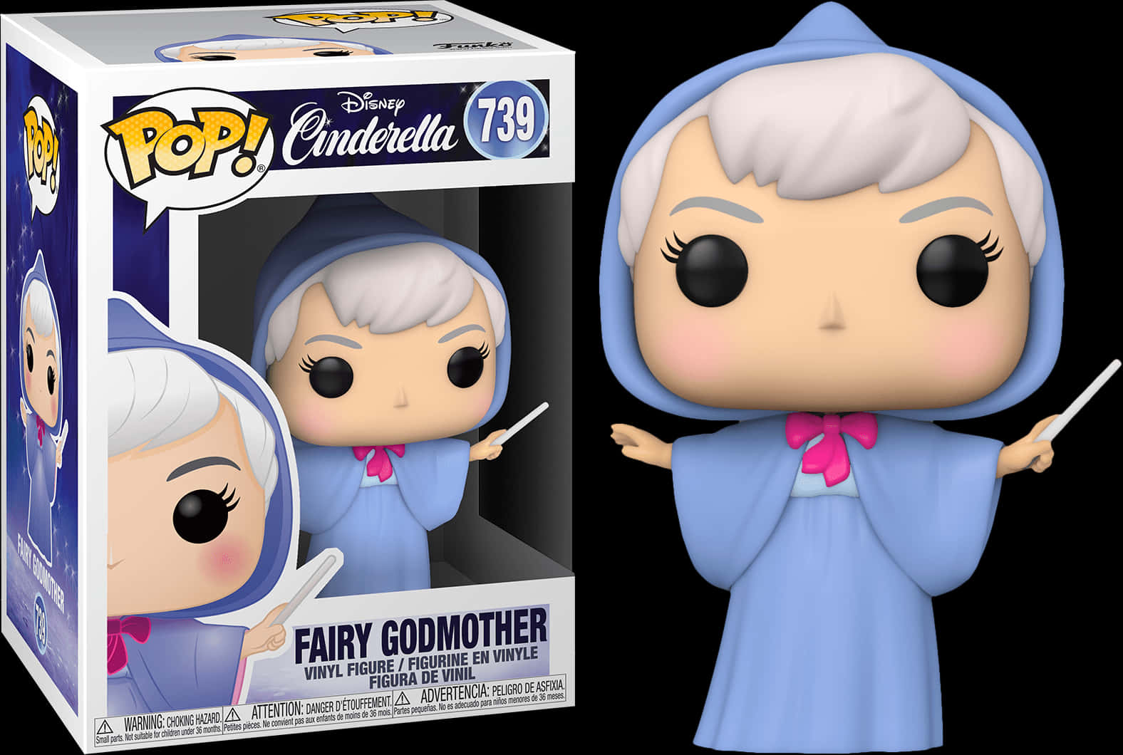 Product 桌布 壁紙 — Fairy Godmother Funko Pop! 藍色長袍配粉紅色蝴蝶結的塑膠公仔，手持魔杖站在盒子旁邊。