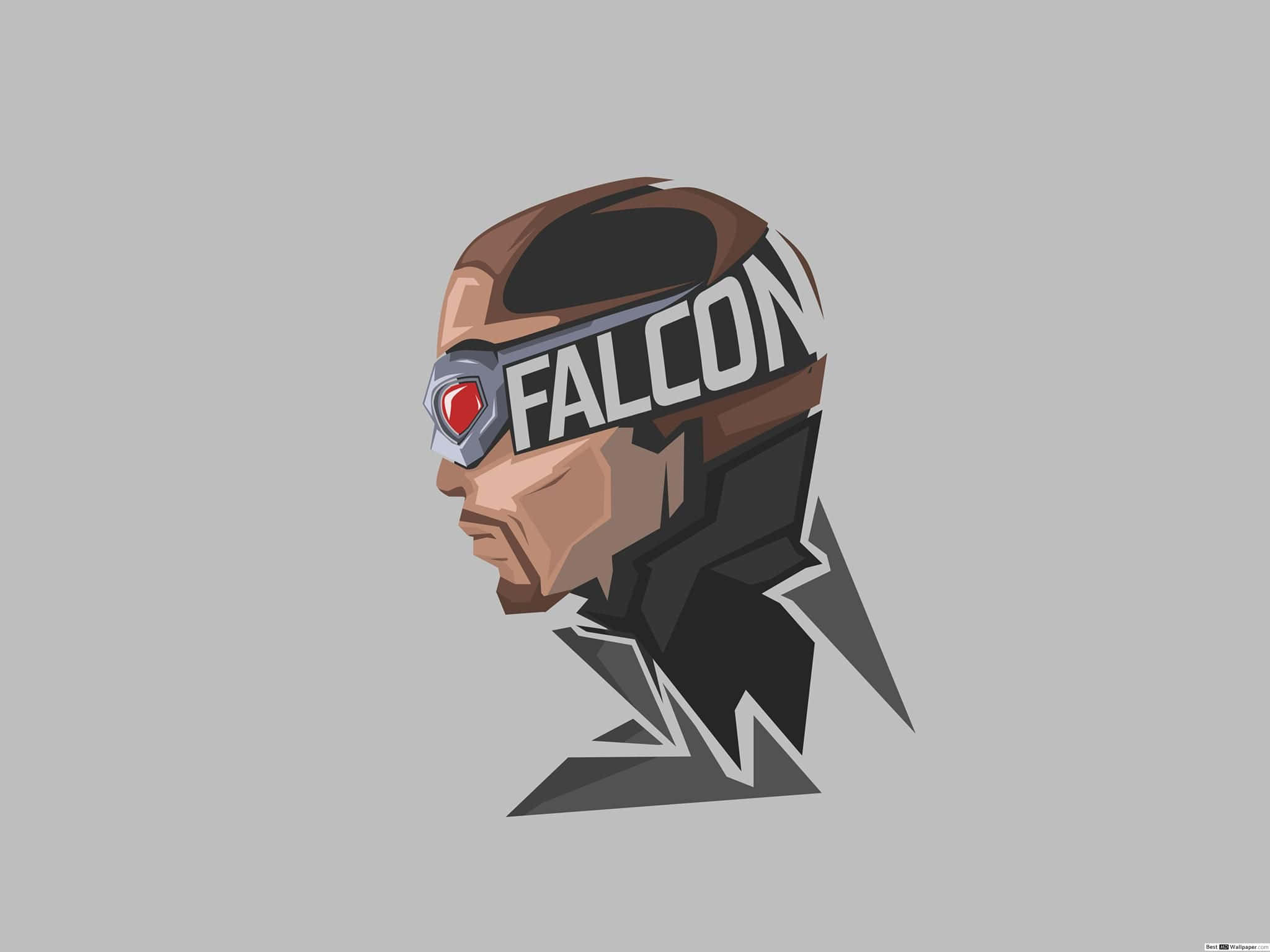 漫威 桌布 壁紙 — Falcon 的側面風格化插圖，戴著他標誌性的頭盔和護目鏡，背景為純灰色。