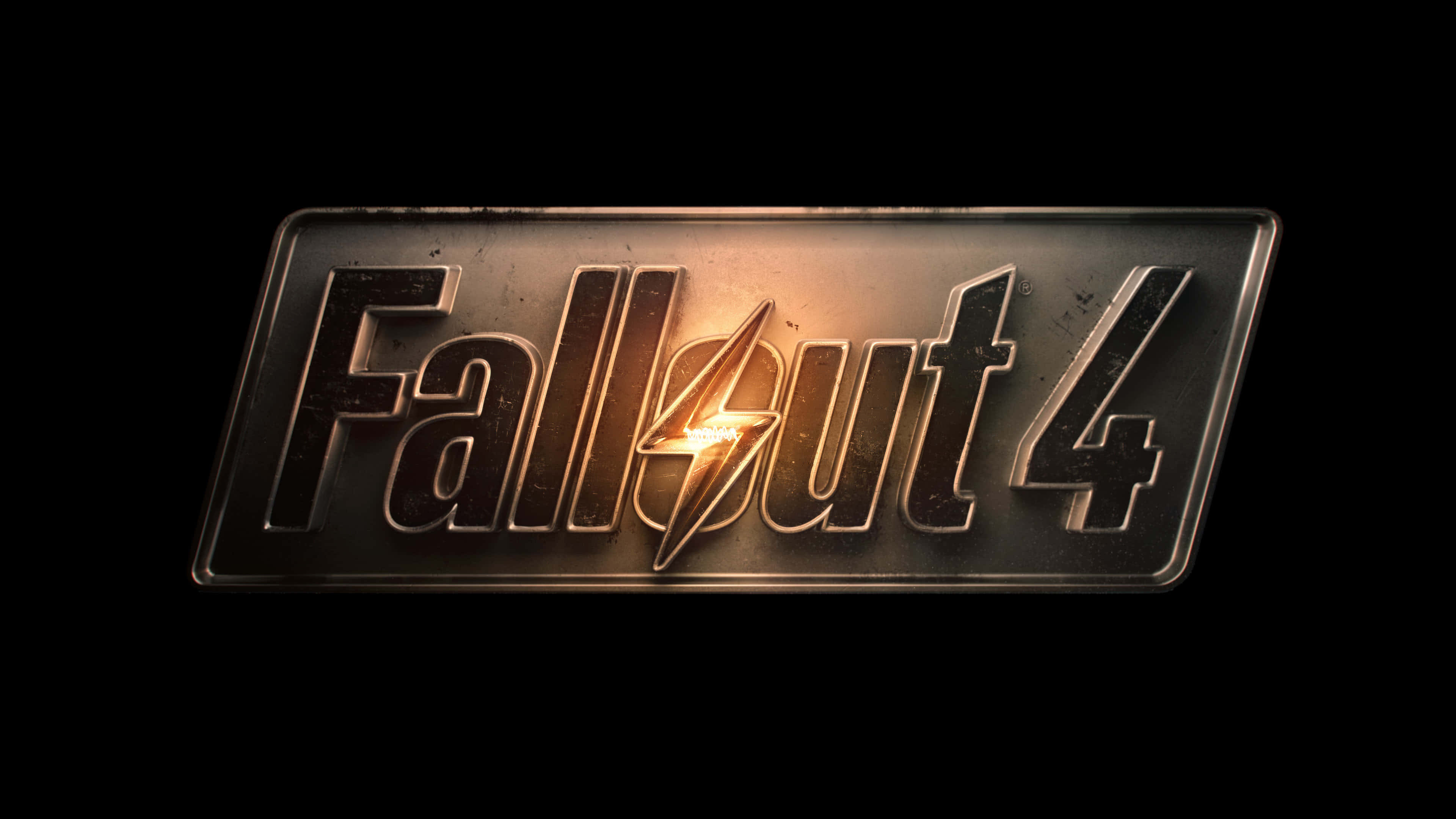 桌布 壁紙 — Fallout 4 標誌在深色背景上發出溫暖的光芒，顯示金屬質感和閃電符號。