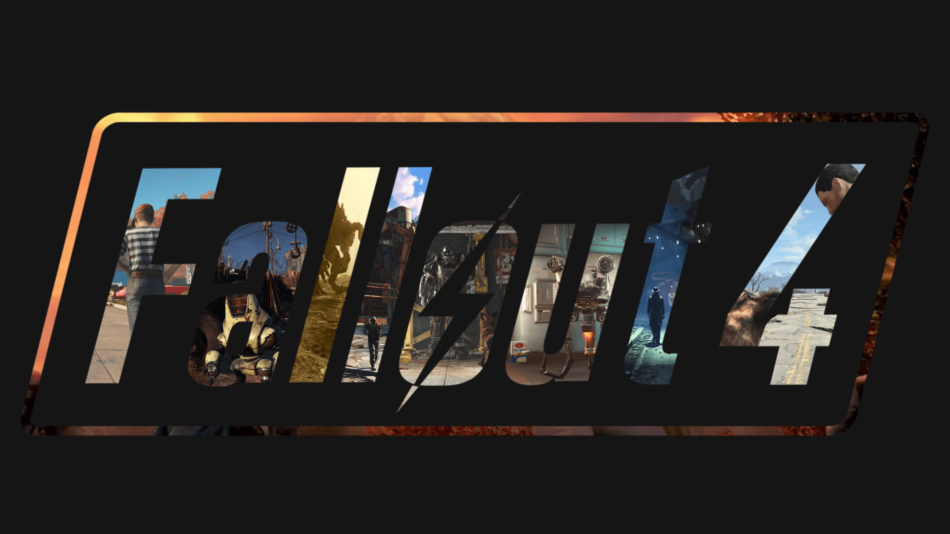 Fallout 4 桌布 壁紙 — Fallout 4 標誌在深色背景上帶有火焰邊緣，字母內包含遊戲場景的拼貼。