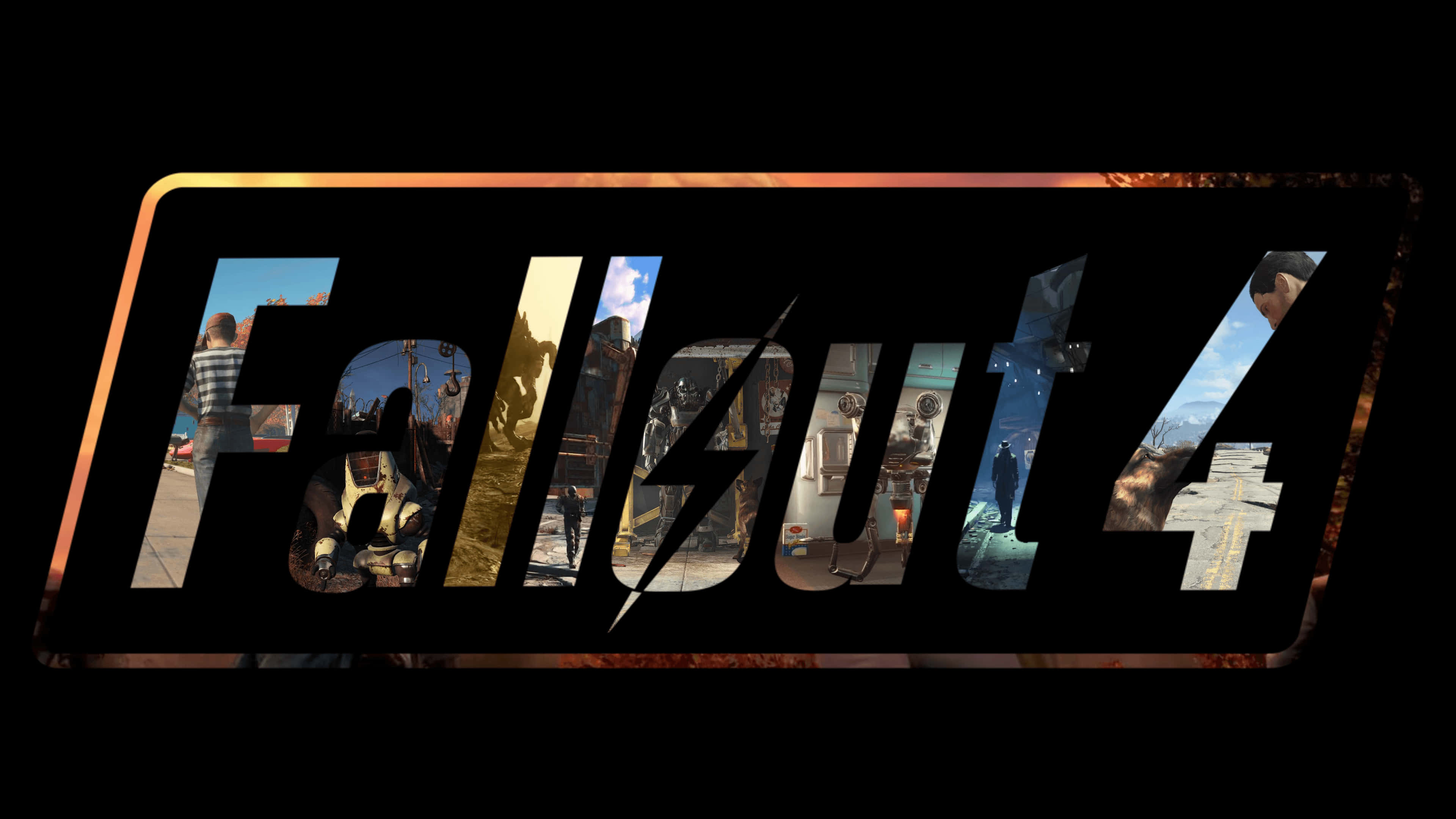 桌布 壁紙 — Fallout 4 標誌採用黑色矩形框架，帶有發光的橙色邊緣，透過鏤空部分展示各種遊戲場景。