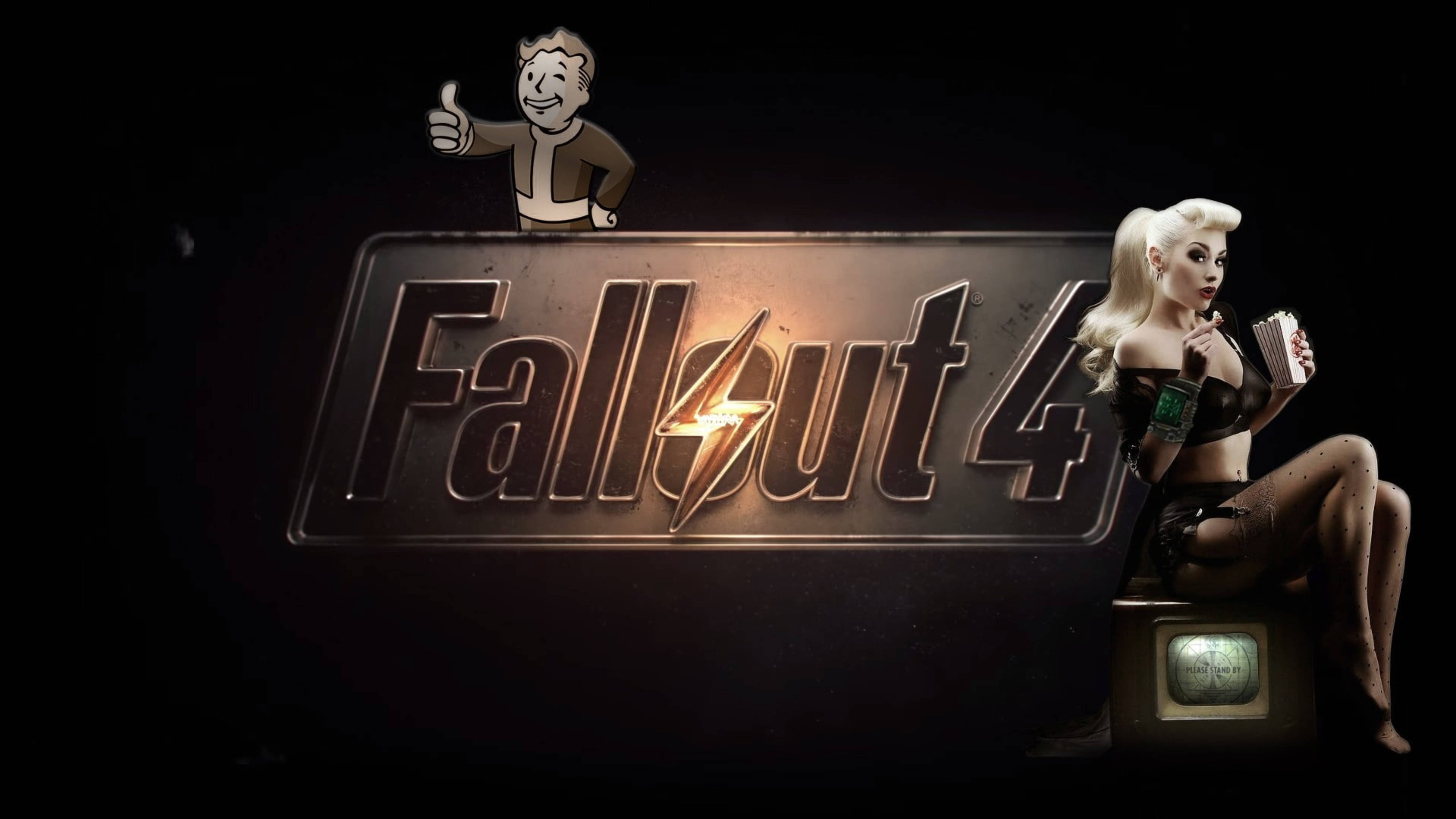 Fallout 4 桌布 壁紙 — Fallout 4 標誌隨著閃電發光，Vault Boy 豎起大拇指，旁邊有一位 pinup 女郎在復古電視上拿著一本書。