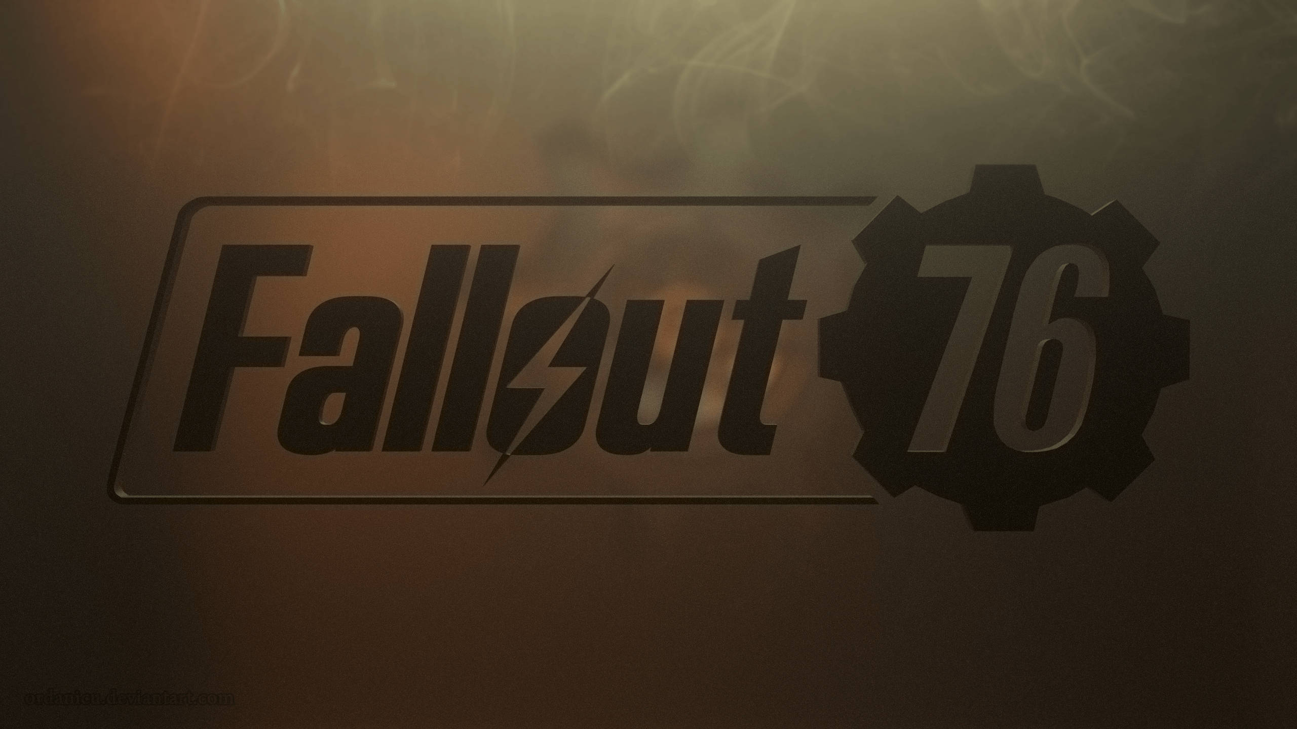 異塵餘生76 桌布 壁紙 — Fallout 76 標誌在帶有微弱輻射符號的煙熏琥珀色背景上閃耀著金屬光澤。