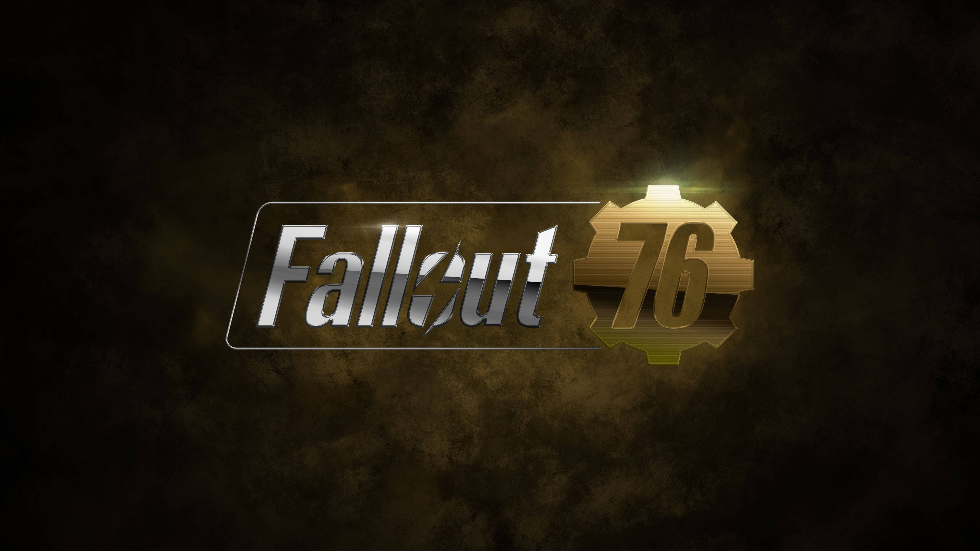 異塵餘生76 桌布 壁紙 — Fallout 76 標誌在粗糙的深棕色紋理背景上閃爍著金屬光澤。