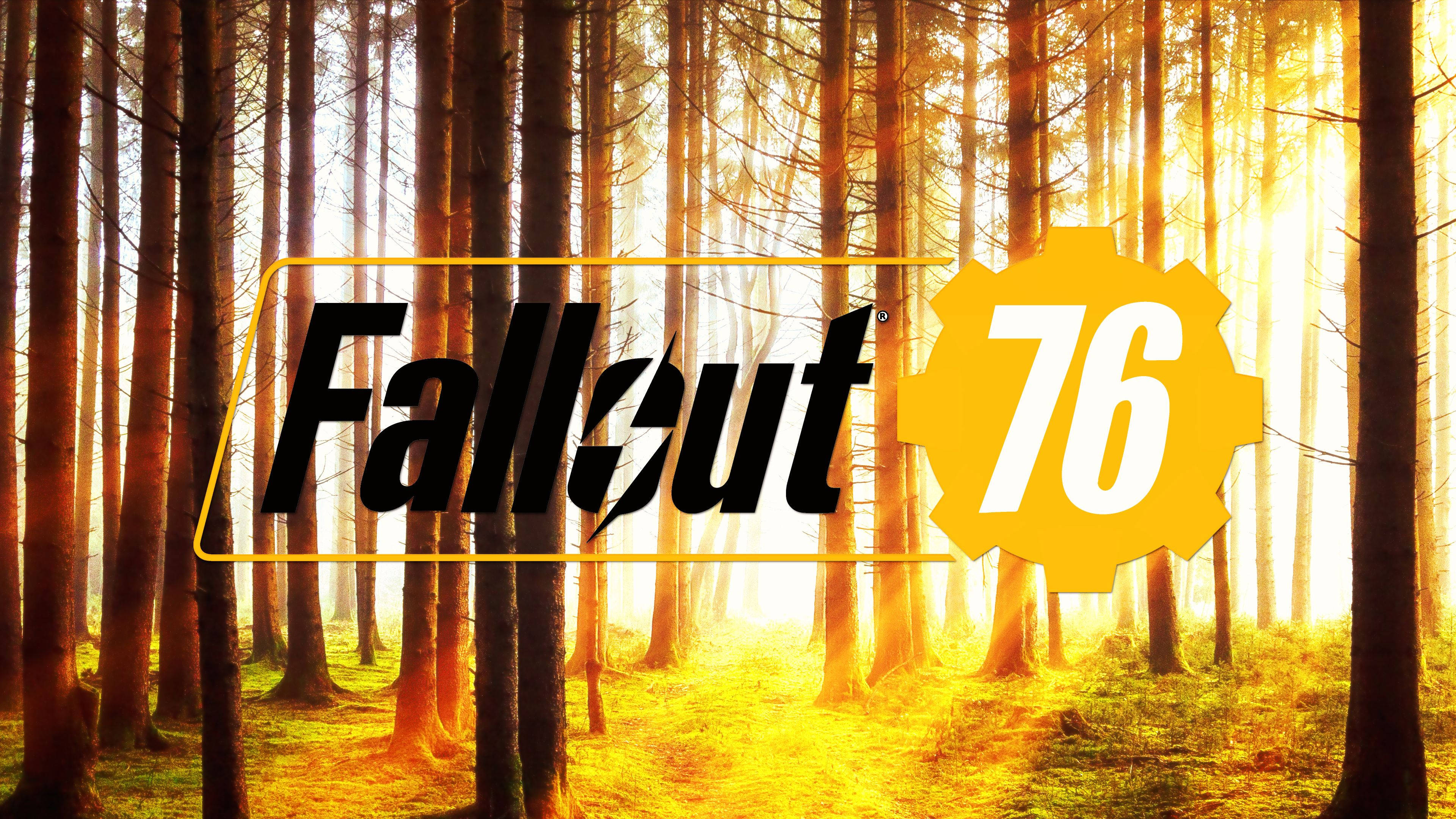 異塵餘生76 桌布 壁紙 — Fallout 76 標誌在陽光明媚的森林中發光，高大的樹木投下長長的陰影。