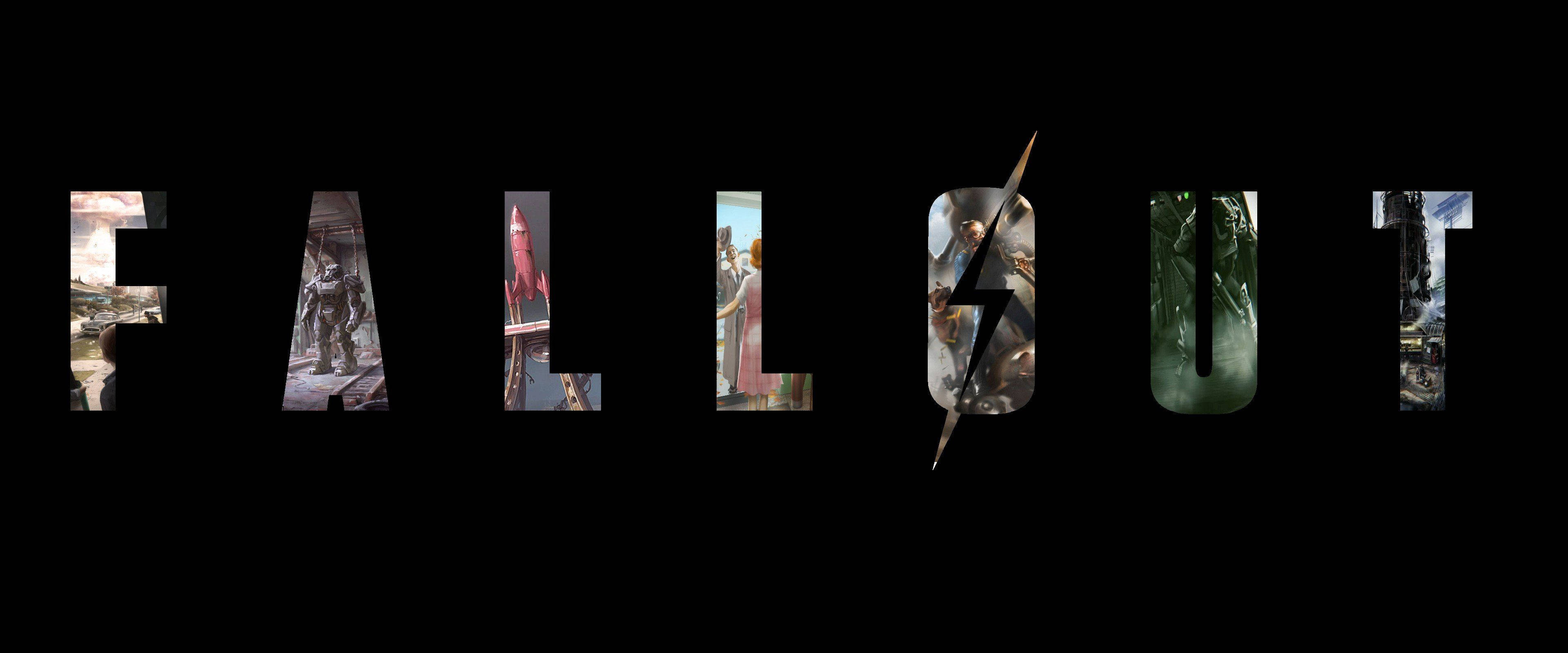 3840x1600 桌布 壁紙 — 「FALLOUT」一詞以粗體字母呈現，每個字母內填滿不同的末日後場景，包括機器人、火箭和廢墟景觀。