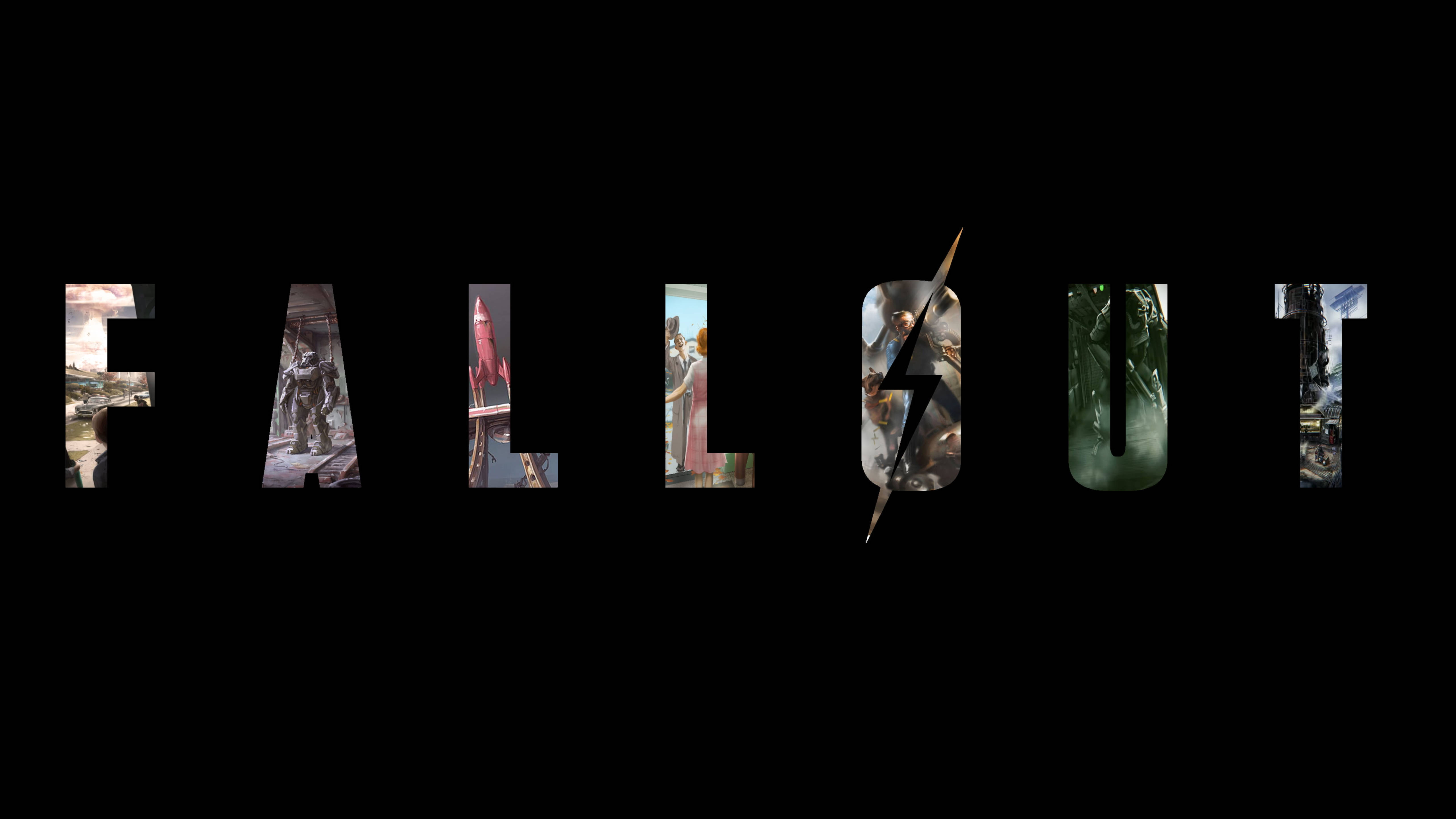 Fallout 4 桌布 壁紙 — 「FALLOUT」一詞以粗體字母呈現，每個字母內填滿遊戲中的不同場景，包括荒地、角色和閃電。
