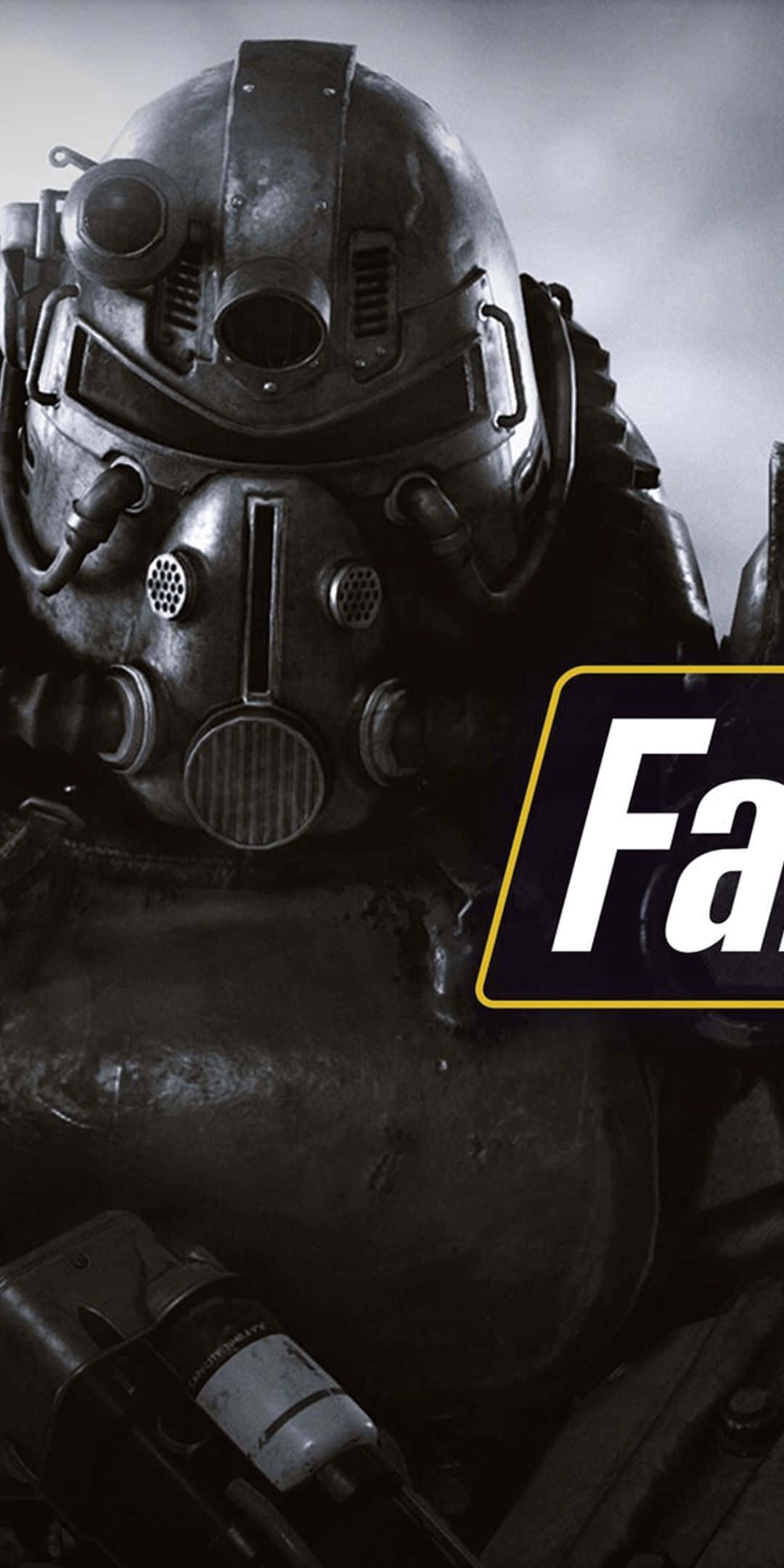 Pixel 3 Fallout 76 桌布 壁紙 — Fallout 中一個風化的動力裝甲頭盔特寫，帶有粗糙的金屬質感和柔和的灰色調。