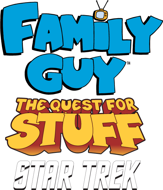 蓋酷家庭 桌布 壁紙 — Family Guy The Quest for Stuff 的粗體卡通標誌，帶有星際爭霸戰文字，疊加在黑色背景上。