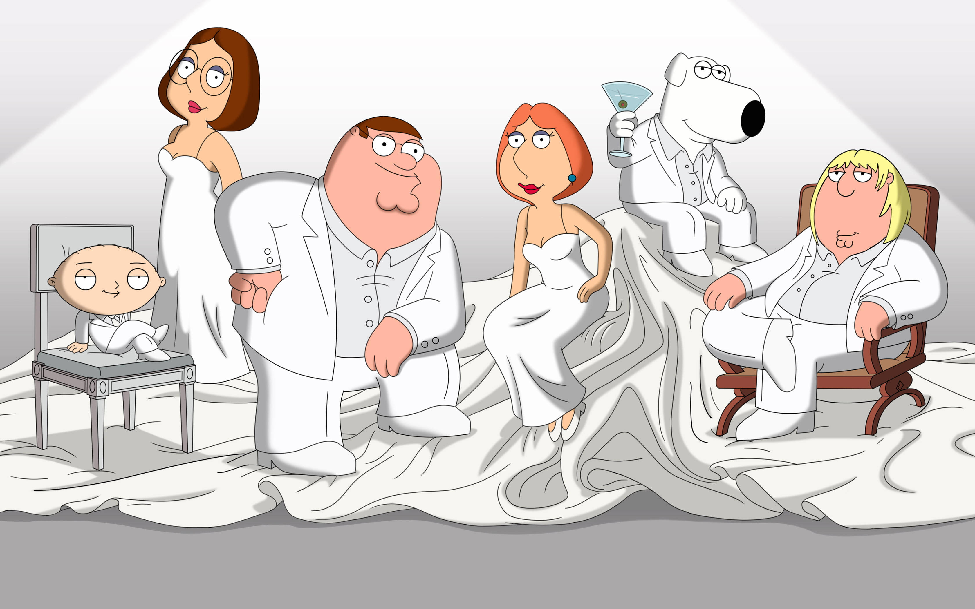 Cartoon 桌布 壁紙 — Family Guy 角色穿著婚禮服裝在白色帷幔舞台上聚光燈下擺姿勢。