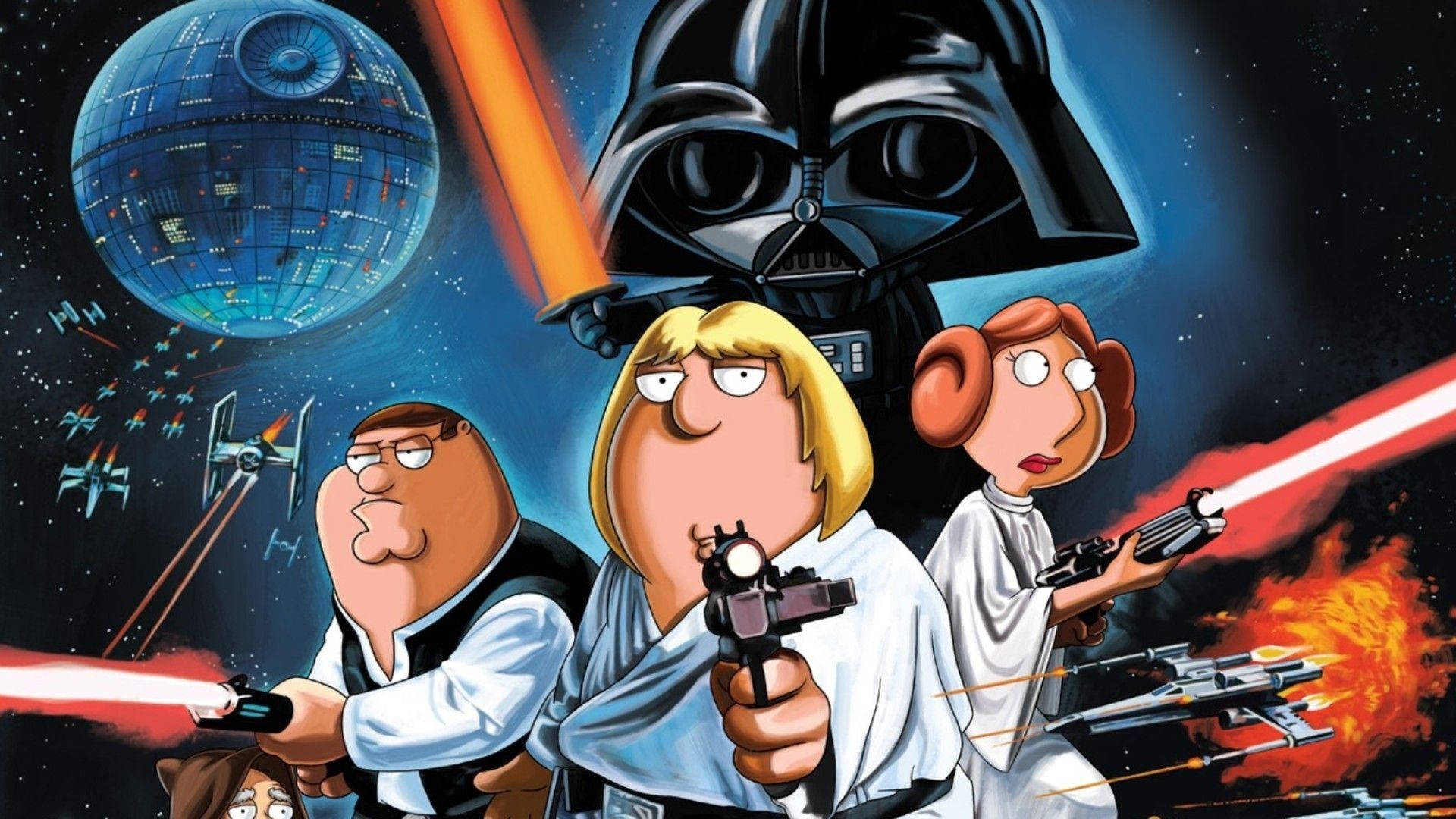Family Guy 角色打扮成星際大戰英雄，在太空戰鬥場景中。 — 彼得·格里芬 壁紙