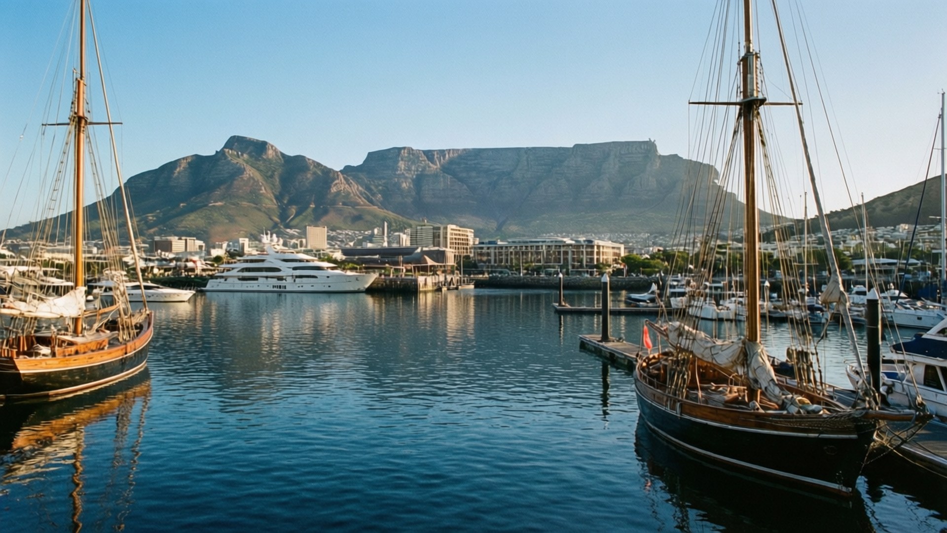 Cape Town Harbor Sails 壁紙 — 帆船和遊艇在平靜的港灣水域中停泊，桌山雄偉地聳立在沿海城市景觀背後，天空清澈湛藍。