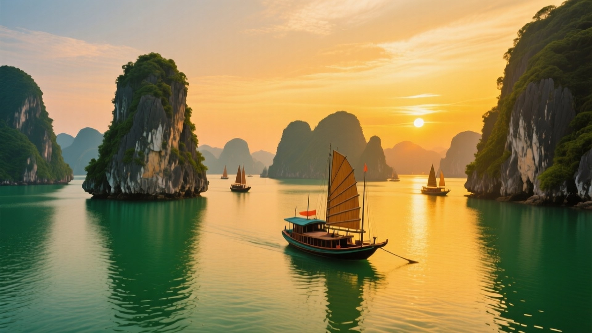 Ha Long Bay Sunset 壁紙 — 帆船在金色日落時分，於高聳的石灰岩喀斯特地貌環繞的翠綠水域中滑行。