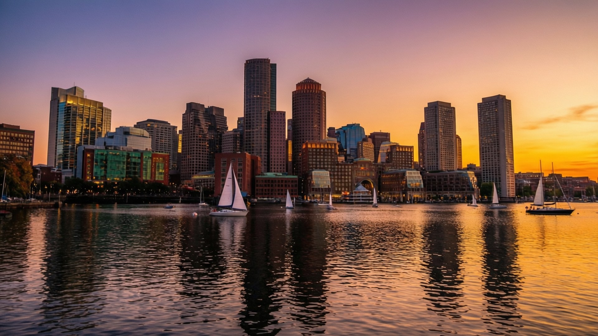 Boston Skyline Sunset 壁紙 — 帆船在平靜的水面上滑行，映照出現代城市天際線背後充滿活力的日落。